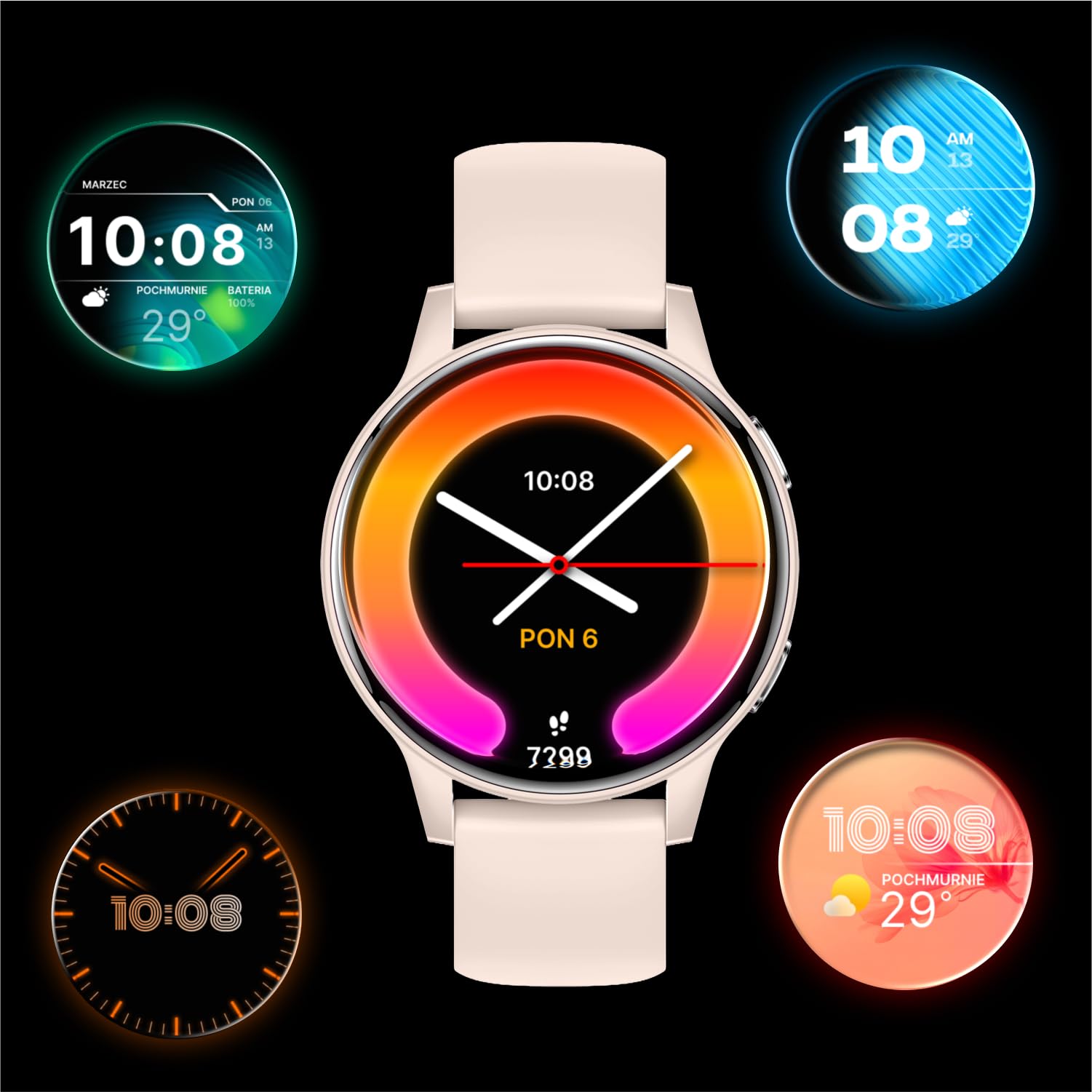 Forever Reloj inteligente IGO Watch 4 para mujer - AMOLED táctil, reloj redondo, monitor de sueño, deportes, fitness, alertas SMS, Bluetooth, resistente al agua IP67, blanco/rosa, 2 rayas, reloj