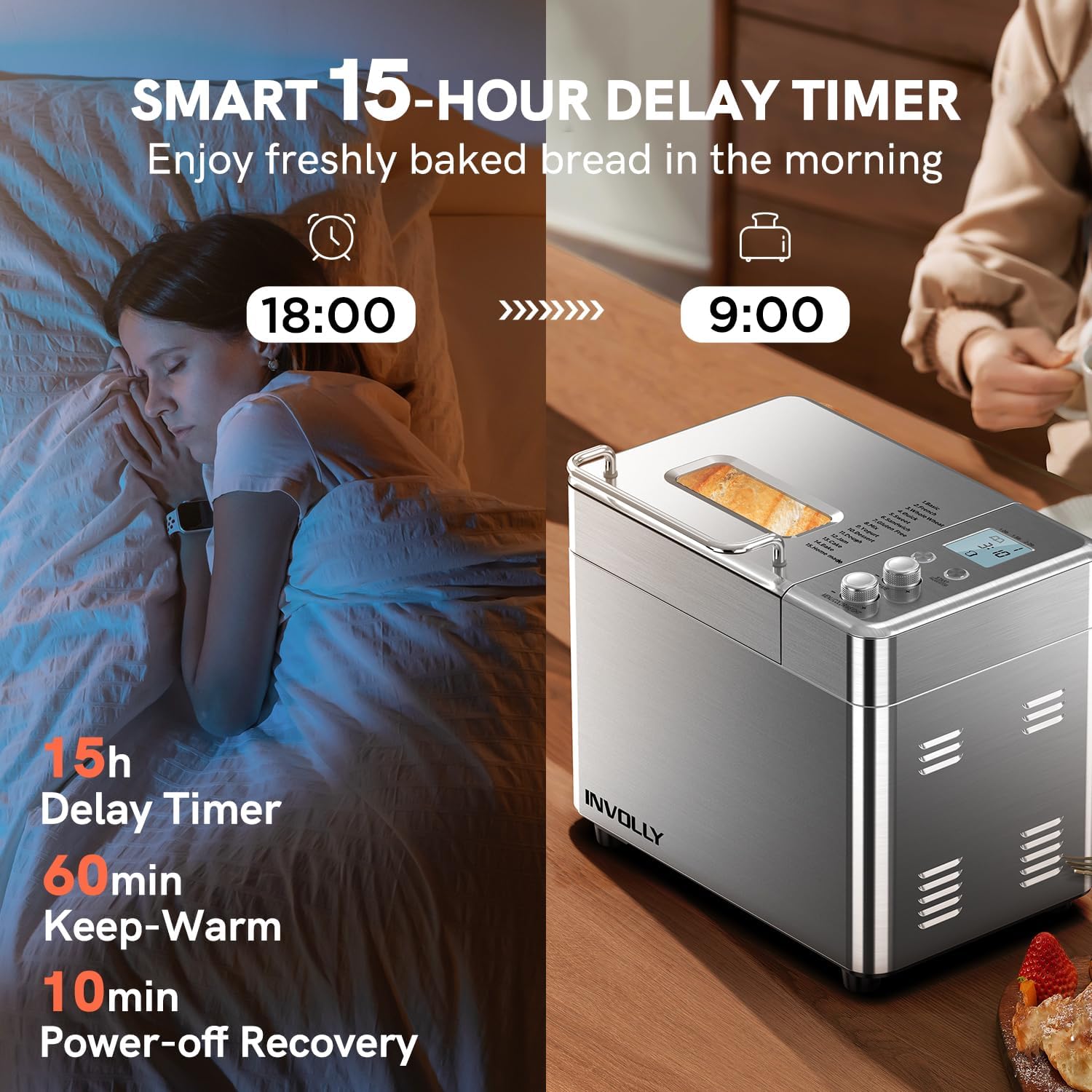 Involly Macchina del Pane Automatica 15 In 1, Senza Glutine, Pasta, Pizza, Macchina per il Pane con Distributore di Frutta e Noci, 1kg, Timer 15 ore, 3 Impostazioni di Peso e di Doratura, Ricette Involly Macchina del Pane Automatica 15 In 1, Senza Glutine, Pasta, Pizza, Macchina per il Pane con Distributore di Frutta e Noci, 1kg, Timer 15 ore, 3 Impostazioni di Peso e di Doratura, Ricette