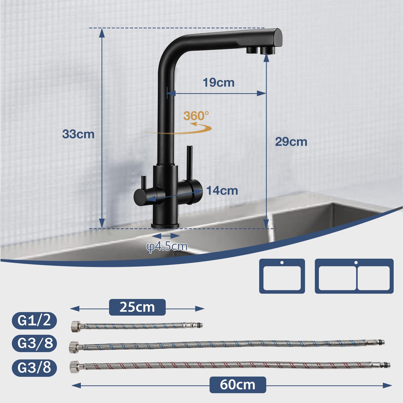 Rubinetto da cucina a 3 vie, girevole a 360°, 3 in 1, per filtro dell'acqua, rubinetto da cucina con 2 leve, rubinetto a tre vie, rubinetto per lavello in acciaio inox, nero opaco