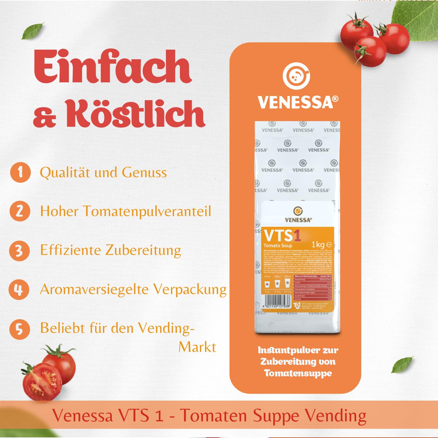 VENESSA VTS 1 zupa pomidorowa 20 x 1 kg – korzystne opakowanie – kremowa śródziemnomorska zupa pomidorowa, wyrafinowana, zaokrąglona z przyprawami do automatów automatycznych, do gastronomii