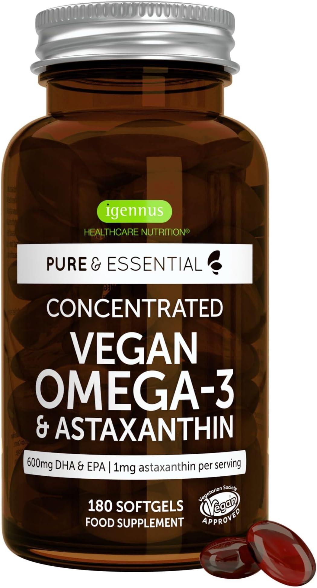 Igennus Vegan DHA & EPA Omega 3 Algae Oil & Astaxanthin, 180 Small Softgels, 1344mg Omega 3, Pure & Sustainable, 400mg DHA & 200mg EPA, Clean Label, 90 Servings,