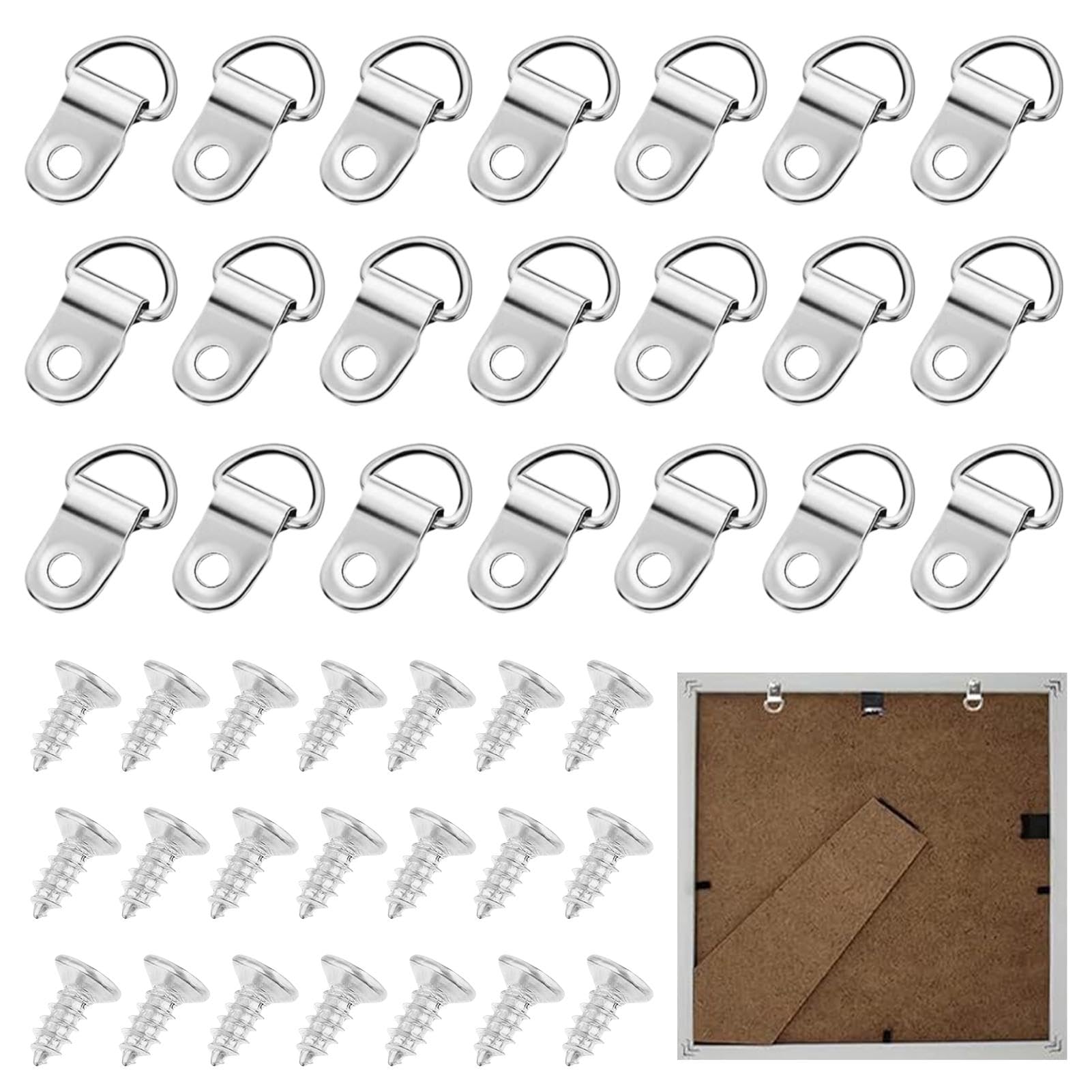 50Psc Heavy Duty D Rings Picture Hangers with 50Psc Screws, Adjustable Frame Hangers Kit, Double Holes D Ring Hanging for Multi-Surface Photos, Mirrors, Artworks, Picture Hanging Home Decoration