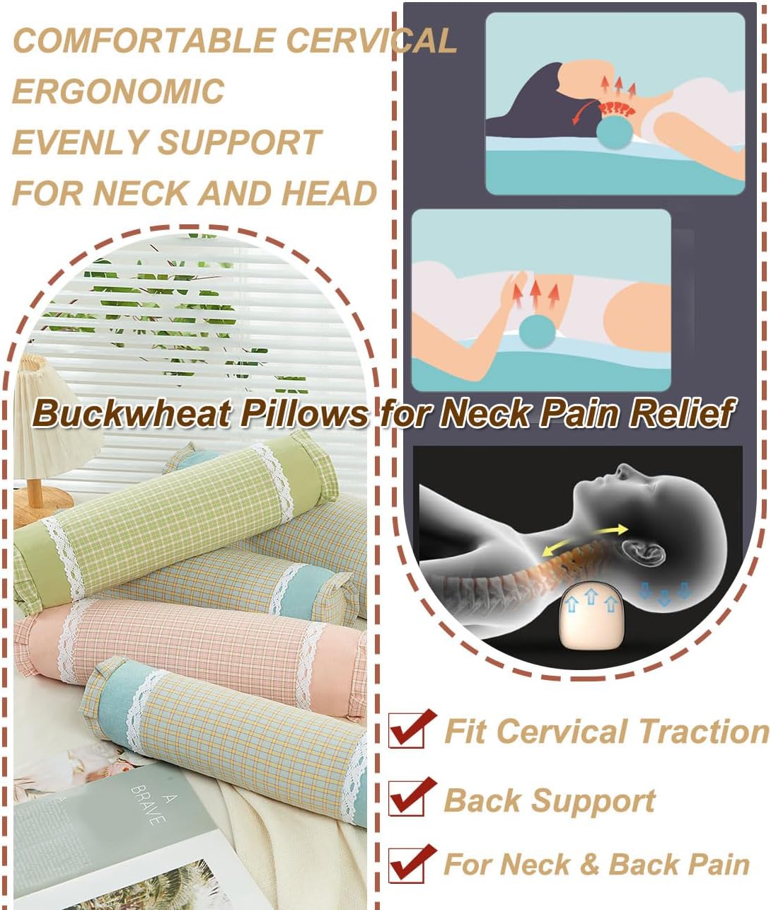 Buckwheat Neck Roll Pillow, Adjustable Bolster Cylinder Pillows with Plaid & Lace Trim Pillowcase, Firm Cervical Support Round Pillows Neck Pain Relief for Nap (16" x 4") (Green) - Image 3