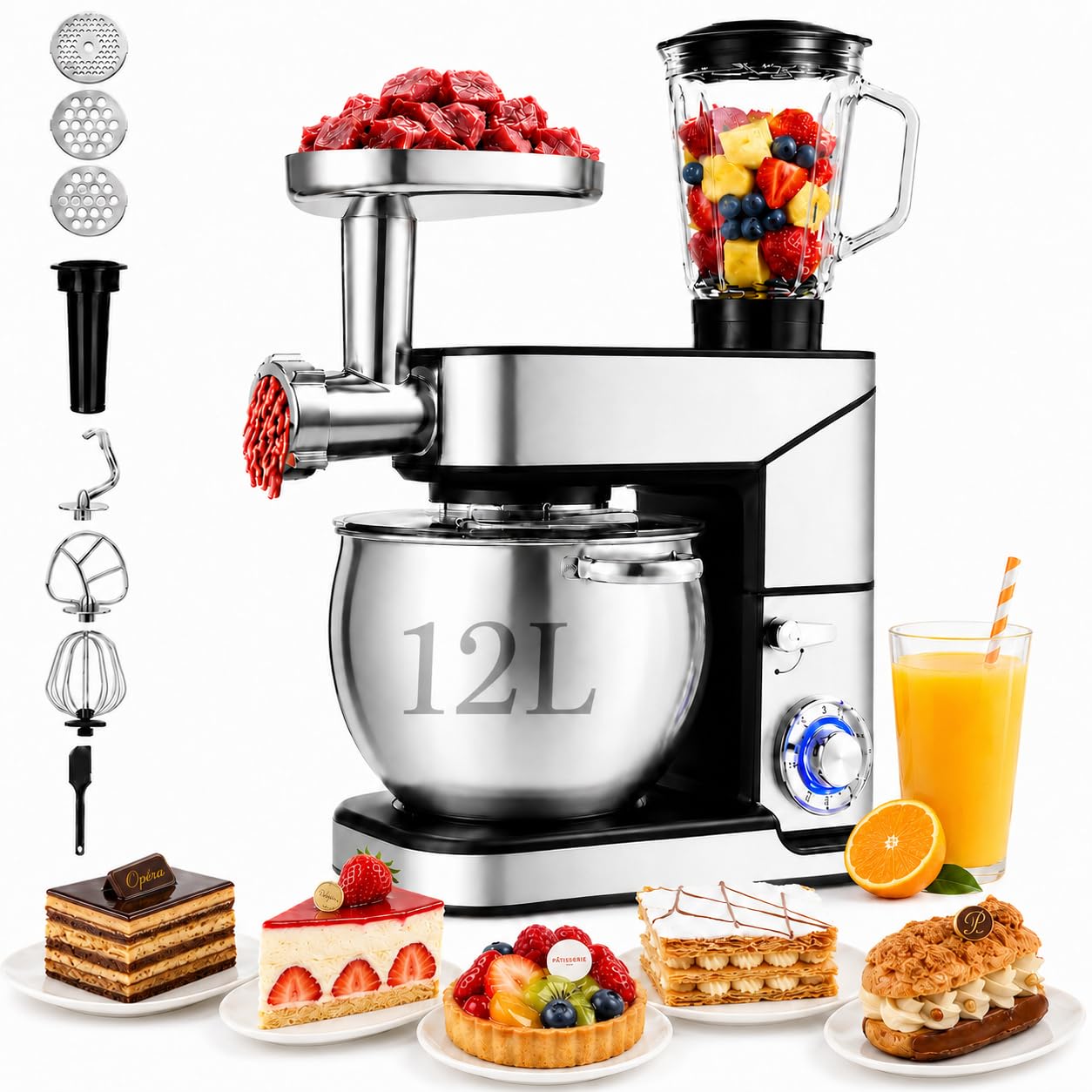 Royal Swiss Robot da Cucina 3 in 1 12L 2000W con Tritacarne e Frullatore in Vetro 1,5L, Impastatrice Planetaria, 6 Velocità, Ciotola in Acciaio Inox XXL, Argento