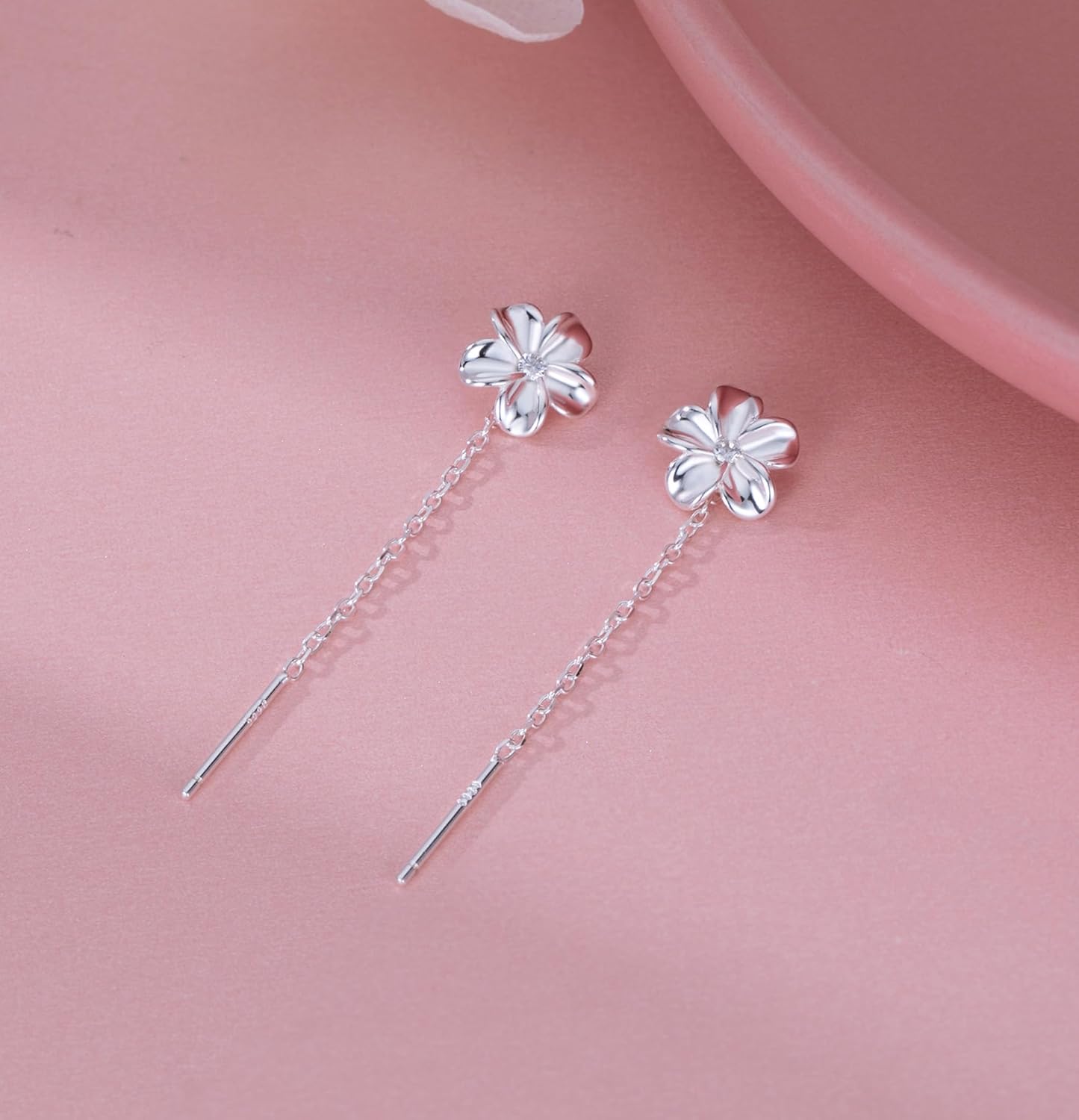 Reffeer Solid 925 Sterling Silver Plumeria Flower Chain Dangle Earrings for Women Teen Girls CZ Flower Tassel Earrings Threader Drops - Image 6