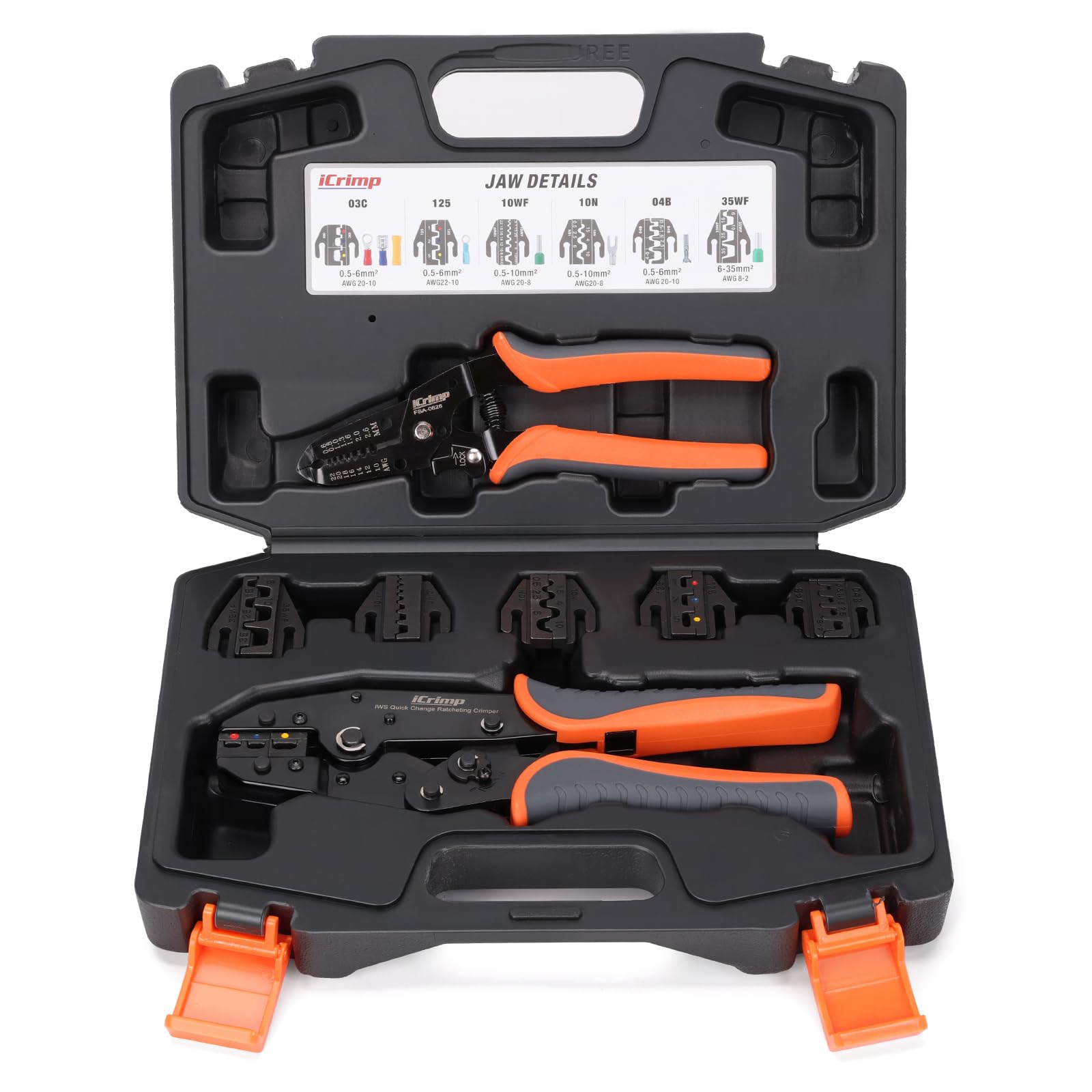 iCrimp Ratcheting Crimping Tool Set 8 PCS - Quick Exchange Jaw for Heat Shrink, Open Barrel, Insulated and Non-Insulated Ferrules AWG 20-2