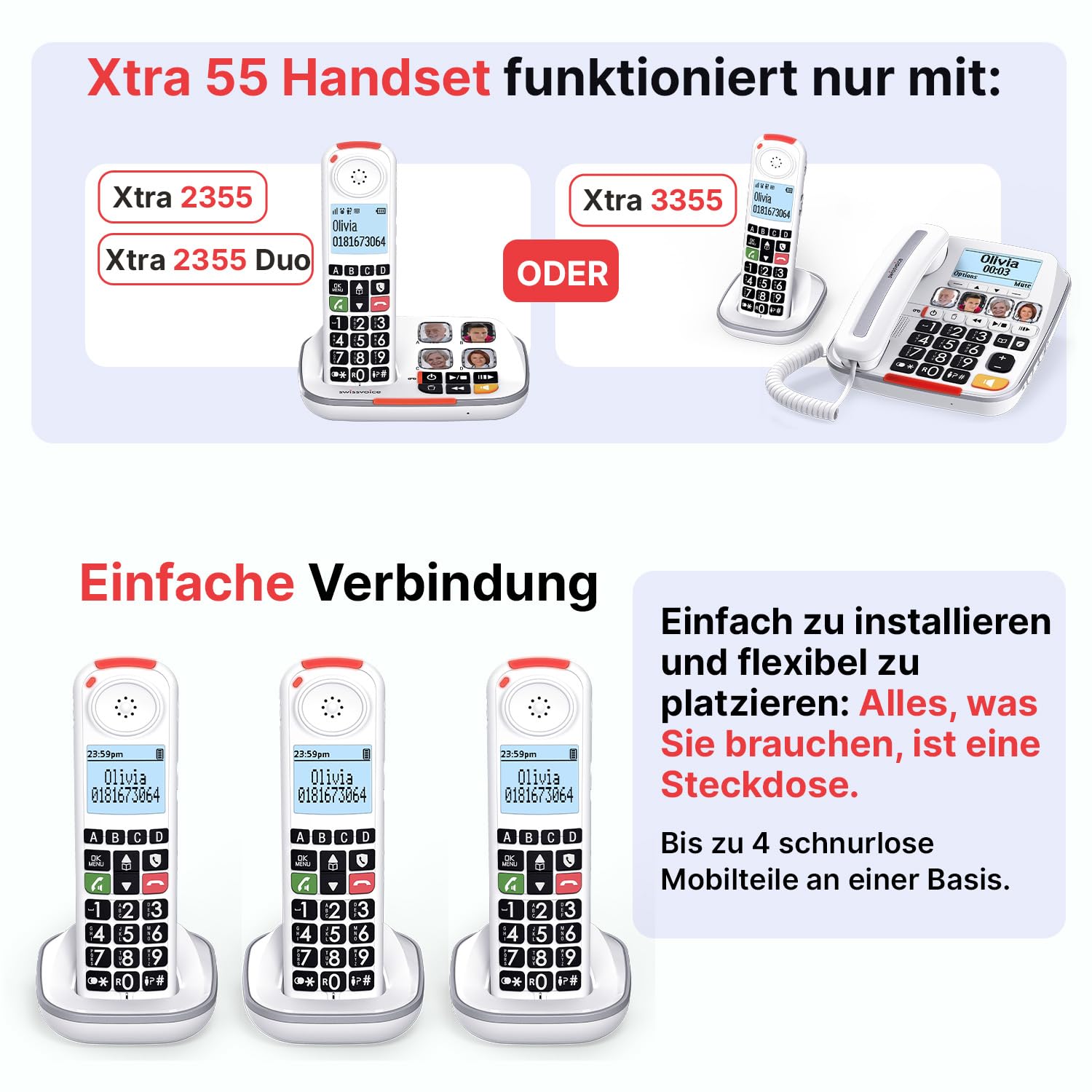 SWISSVOICE – Xtra 55 Handset – Zusätzliches Mobilteil für DECT Schnurlostelefon Swissvoice Xtra 2355, Xtra 2355 Duo und Xtra 3355 Combo – Einfache Installation – Funktioniert Nicht allein am Router