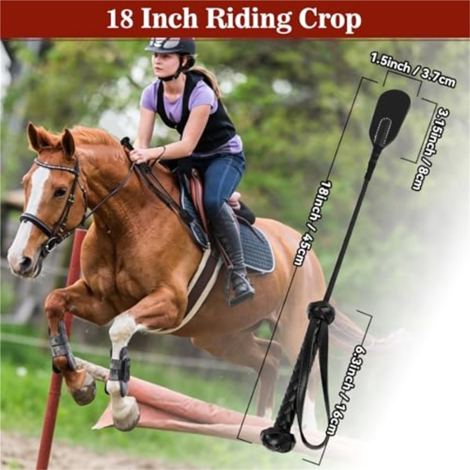 Fusta Caballo Fusta de equitación 18 Pulgadas for Caballo, Cuero PU for Deportes ecuestres, Negro