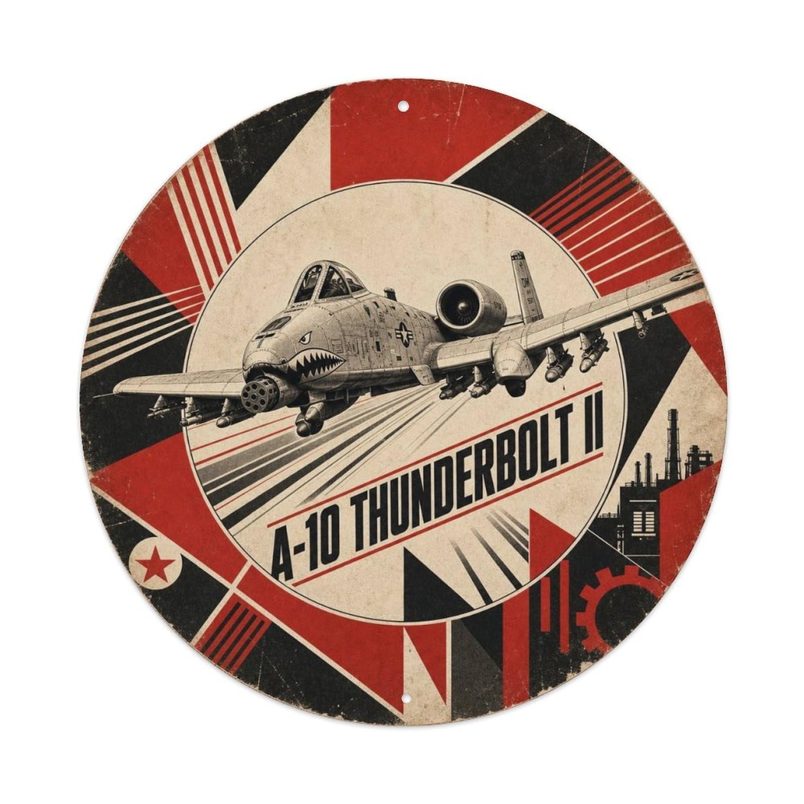Attack Jet A-10 Thunderbolt II Constructivist Classic Metal Tin Sign Plaque Wall Decor for Cafe, Man Cave, Club Bar, Office, Home Garden Round Metal Poster 8x8Inch