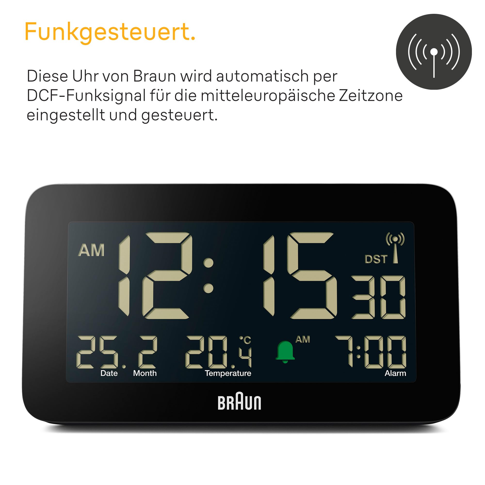 Braun Funk-Digitalwecker für die Mitteleuropäische Zeitzone (DCF) mit Datums-, Monats- und Temperaturanzeige, Negatives LCD-Display, Schnelleinstellung, schwarz, Modell BC10B-DCF