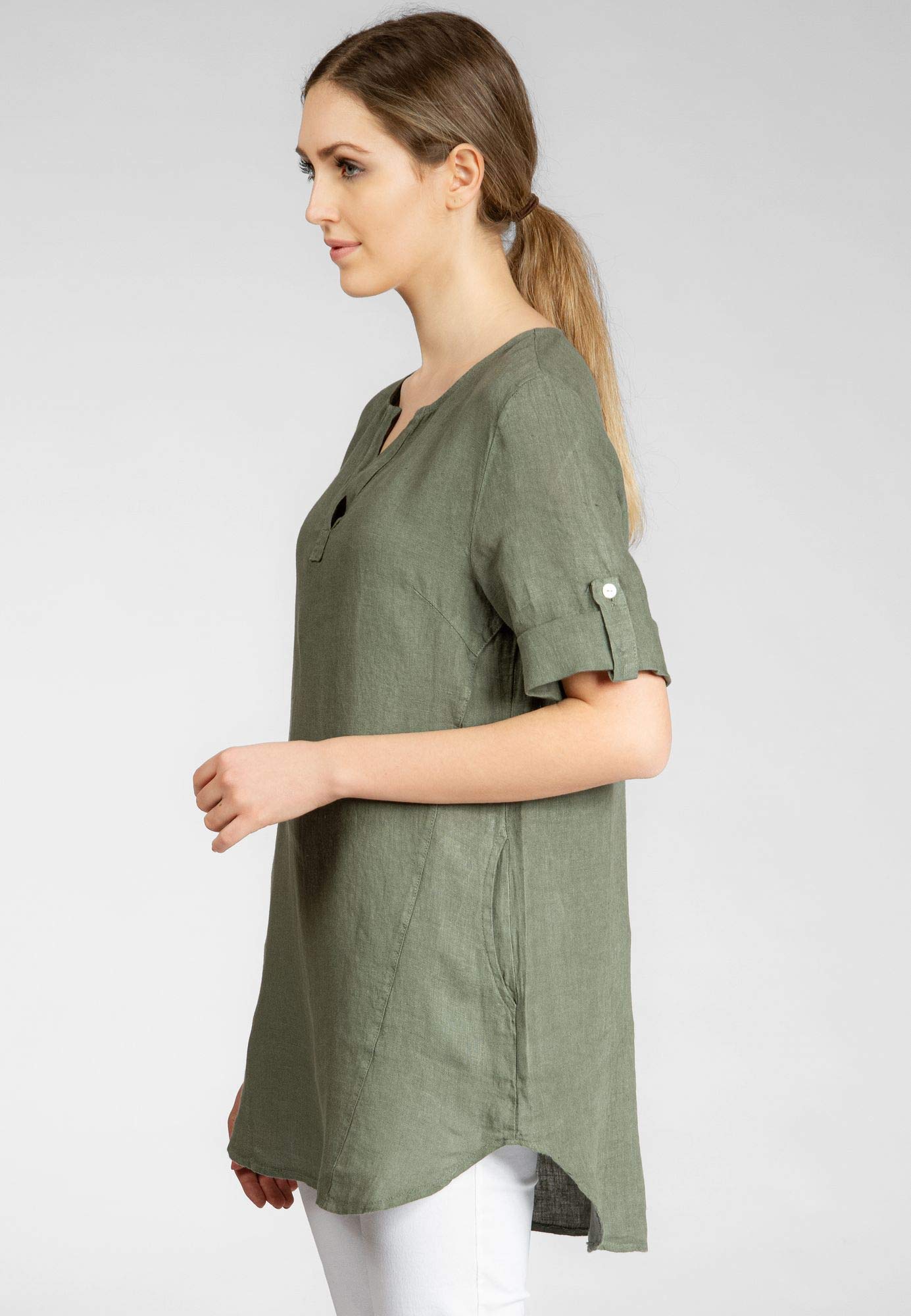 Caspar BLU023 Lange Elegante Damen Halbarm Sommer Leinen Longbluse
