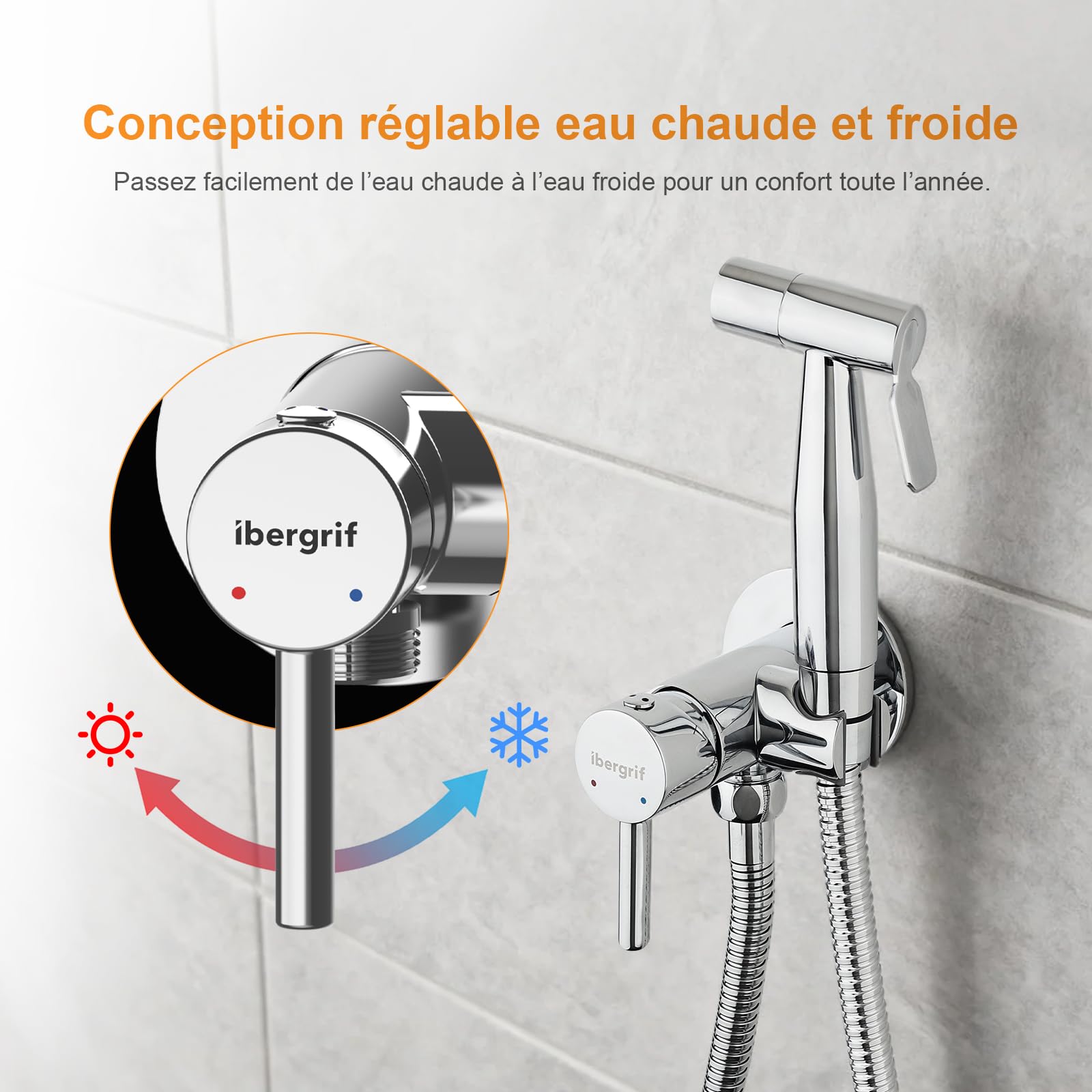 Ibergrif robinet WC et bidet argenté avec douchette | Mélangeur monocommande, support mural et tuyau en acier inoxydable 1,2 m
