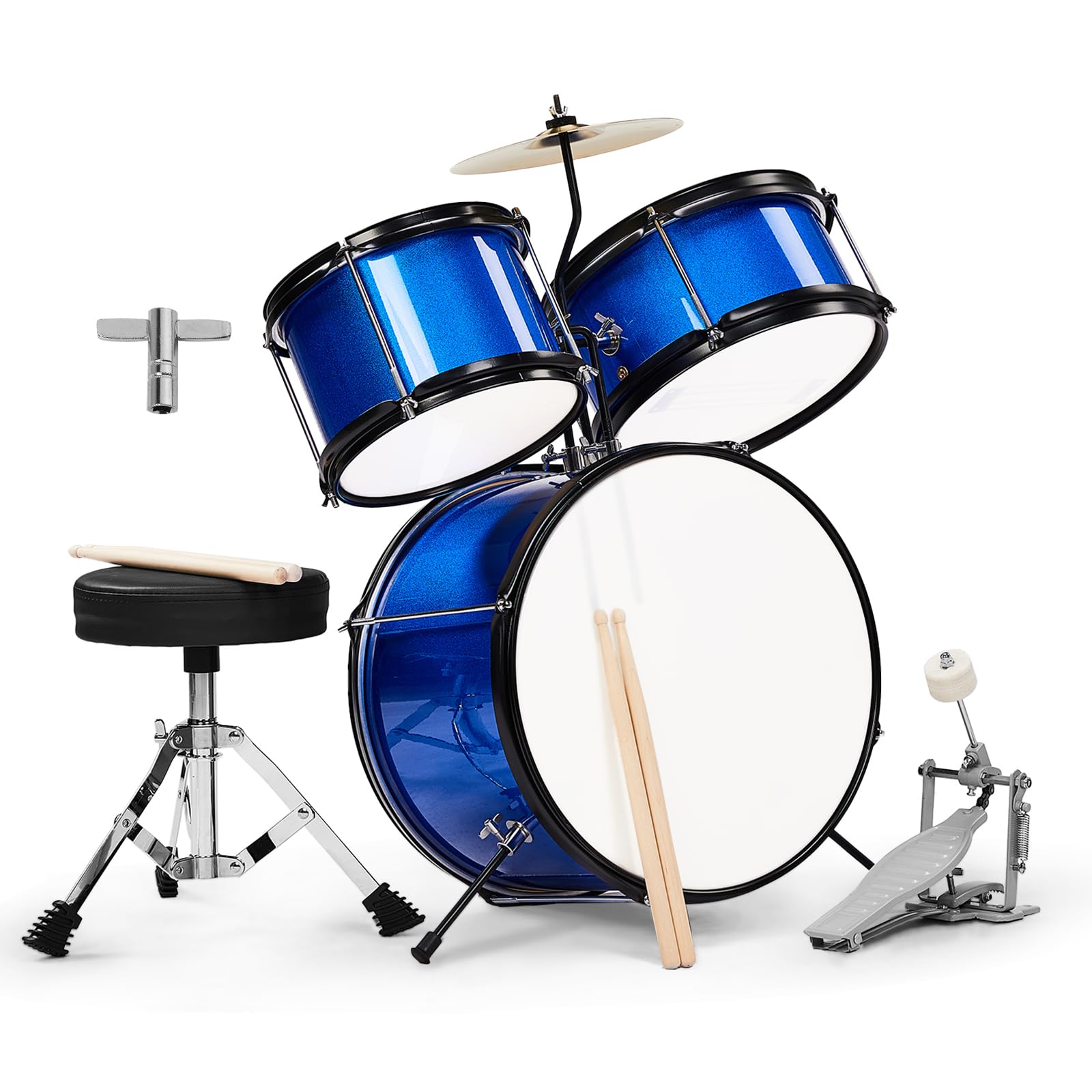 LEADZM Schlagzeug Set 14'' für Kinder ab 3 Jahren mit Hocker, Bassdrum-Pedal und 2 Drumsticks, Becken, Tom und Snare Drum (Dunkelblau)