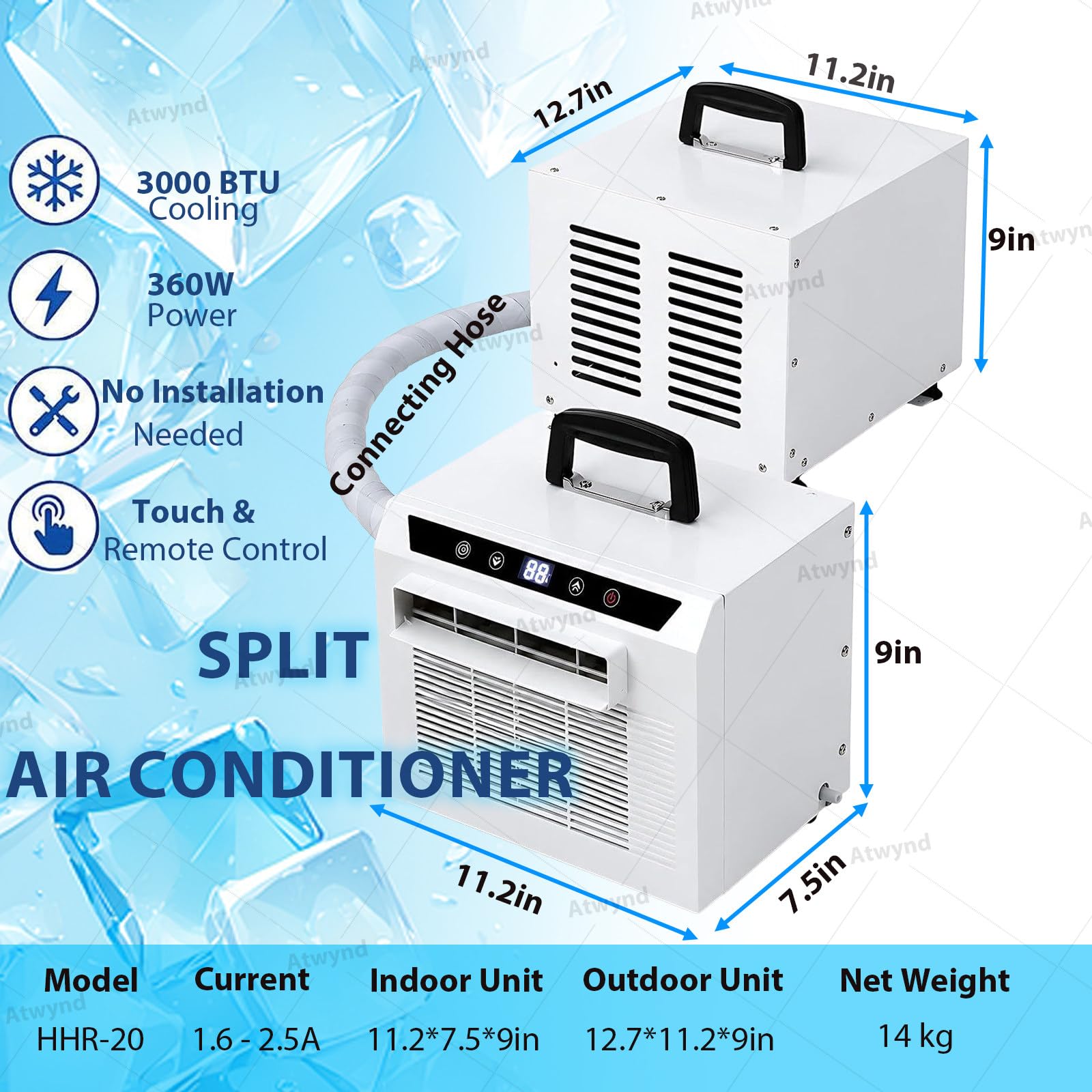 Mini Condizionatore D'Aria Portatile, Sistema-Di Raffreddamento da 3000 BTU, Climatizzatore per Camper e Campeggio, Non Richiede Kit per Finestre, per domestico e In Camera da Letto 1.5-meterpipe