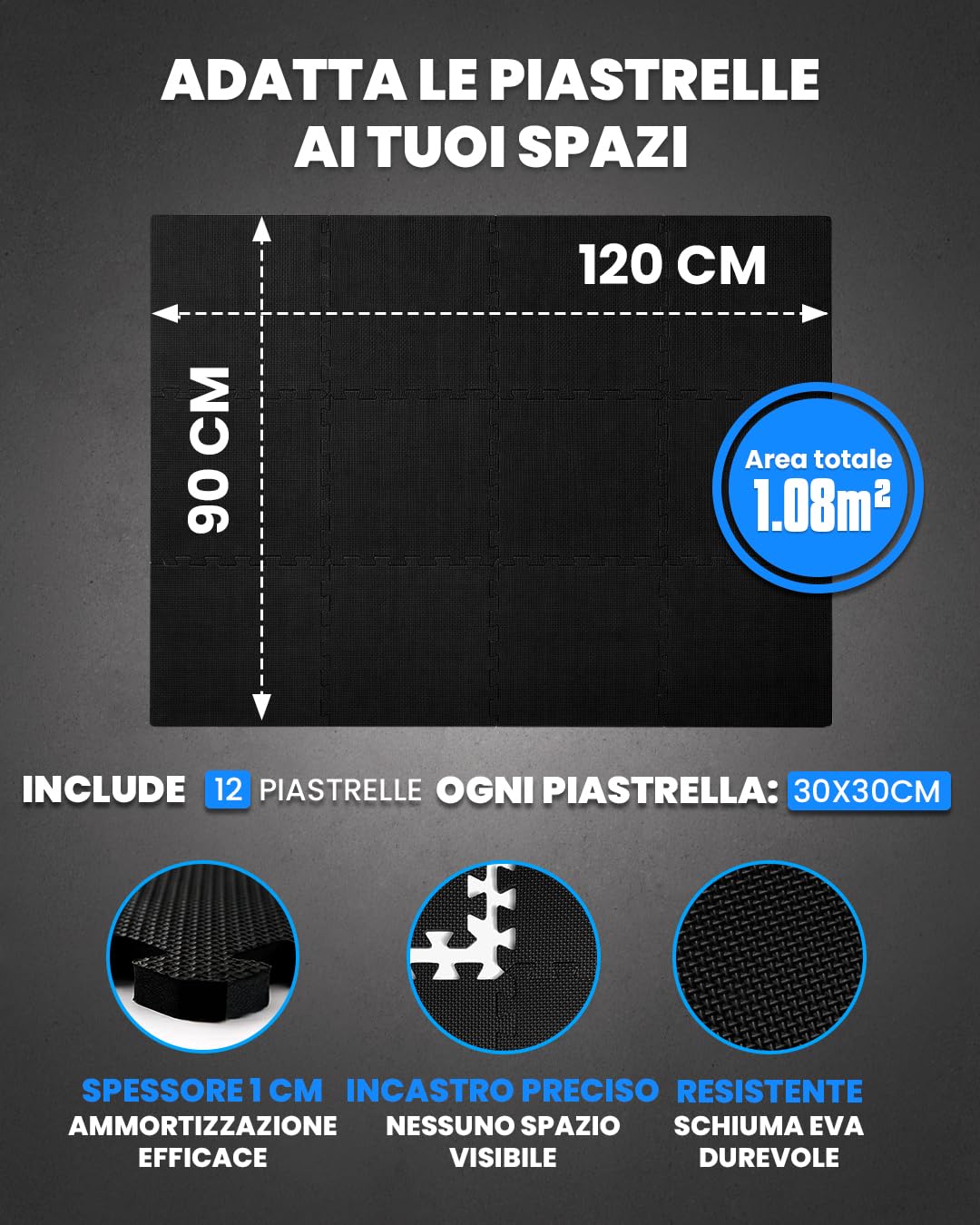 unycos - Tappeto da Fitness a Puzzle【12 Tappetini】Tatami Antiscivolo, Pavimento Protettivo Incastro Palestra in Schiuma EVA, Materassino per Home Gym | Include E-Book, 30x30x1 cm (Nero)