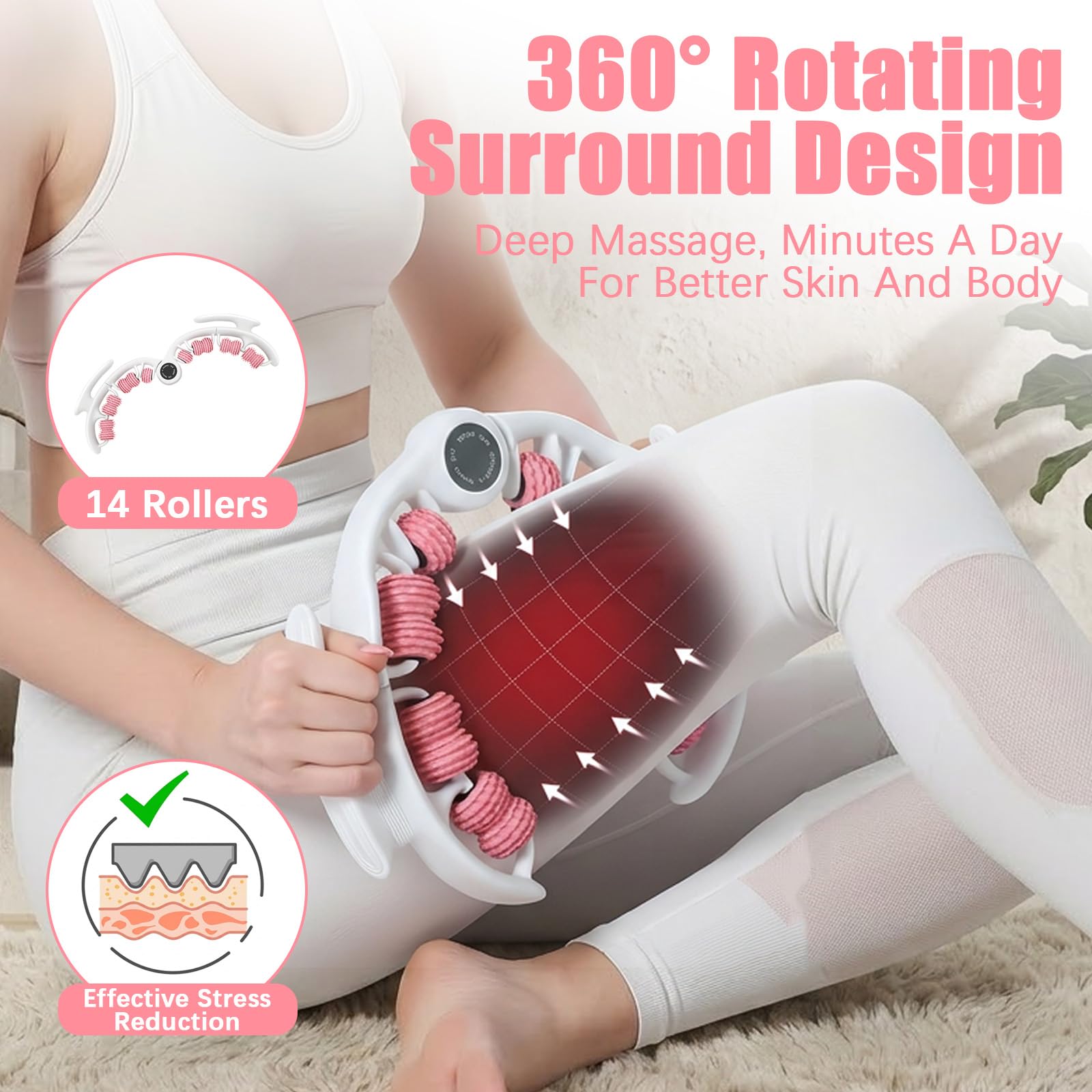 Rullo Massaggiatore Anticellulite per Gambe, Massaggiatore 14 Rotelle con Manico per Drenaggio Linfatico e Modellatura Corpo, Rullo Massaggiante per Cosce Glutei Braccia Addome