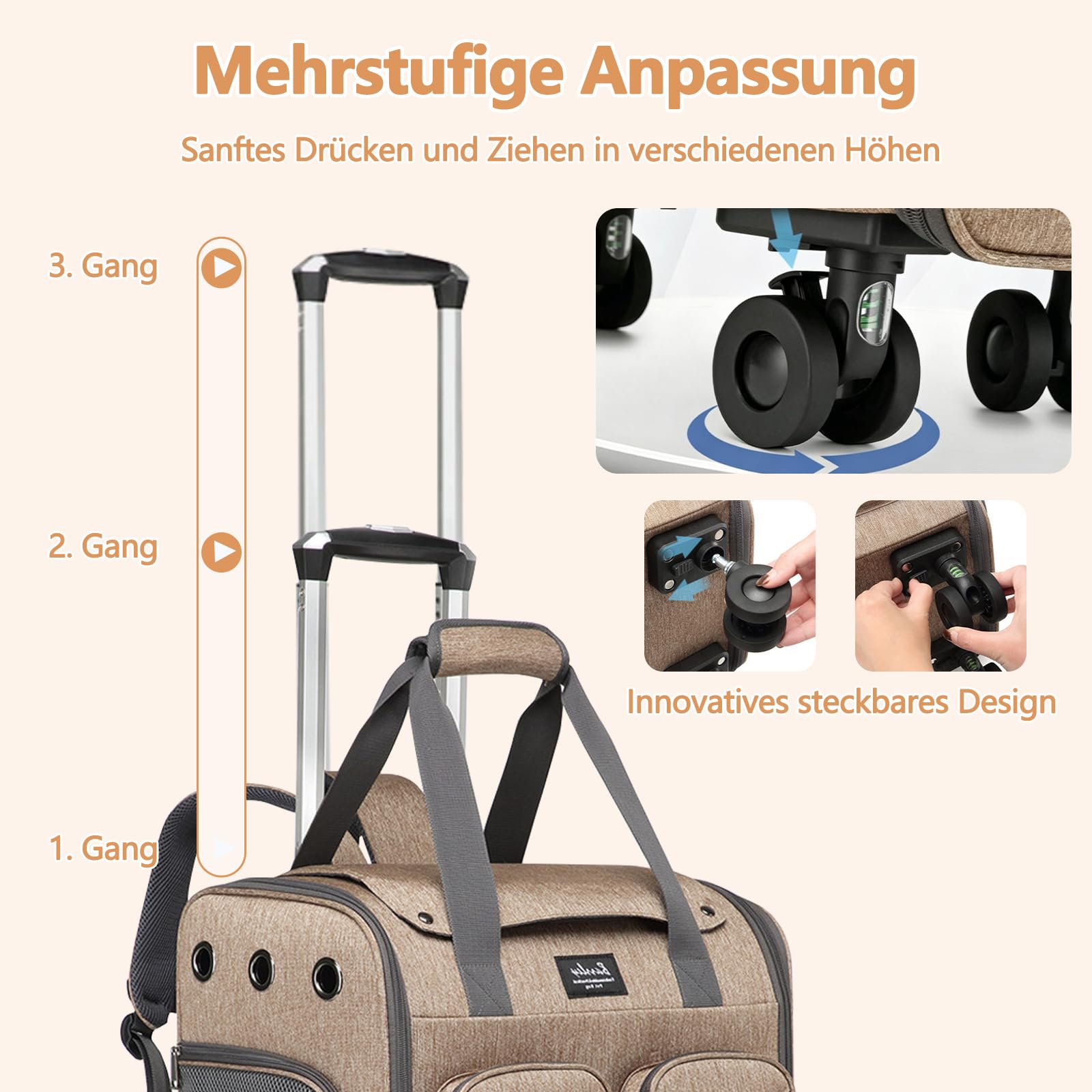 Galatée Rollkoffer Für Haustiere Aus Atmungsaktivem Polyestergewebe, Mit Gebremsten Und Stoßdämpfenden Universalrollen, Rutschfesten Griffen, Geeignet Für Katzen Und Hunde(Rosa)