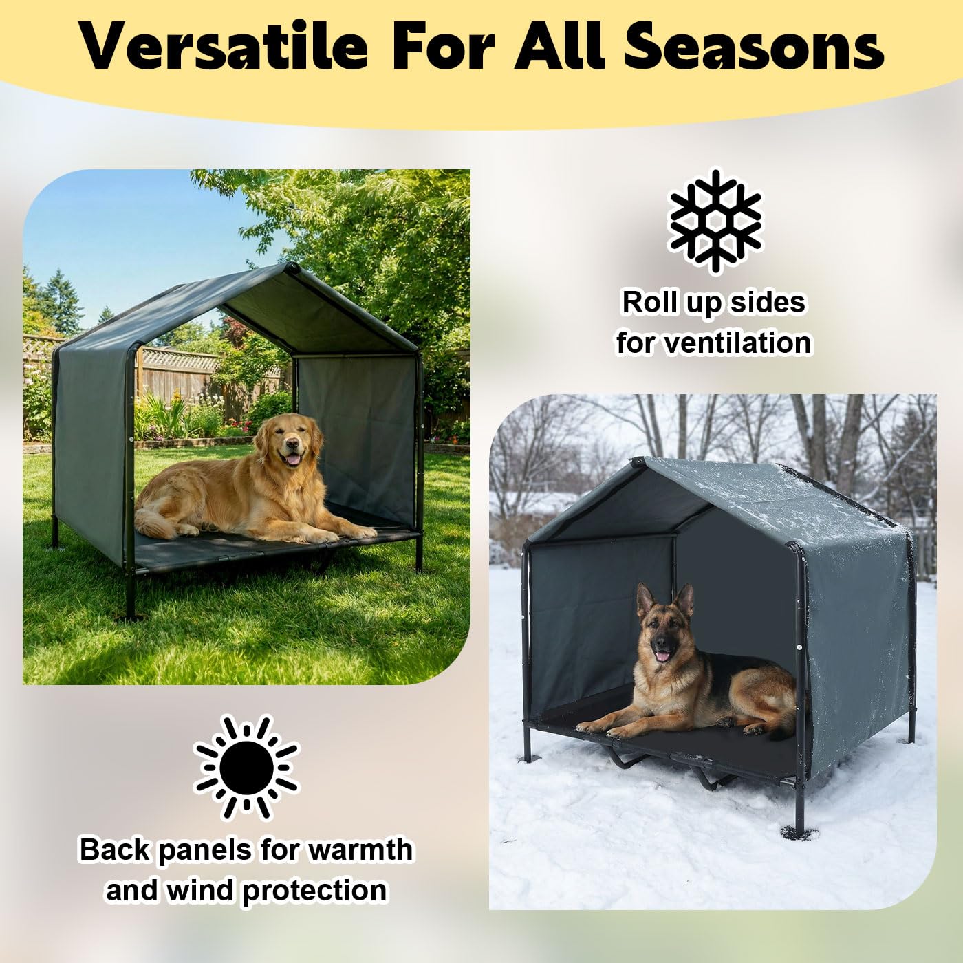 Hundehütte Outdoor mit Hundebett, 100 x 87 x 106 cm, Sonnengeschützte Hundehütte für Kleine bis Große Hunde und Katzen, Wasserdichtes Hundezelt mit Abnehmbarer Tür, für Camping, Garten, Dunkelgrau