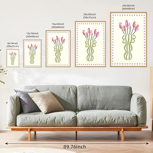 Miniatura 3 de Licpach Jarrón de flores de tulipán moderno, arte de pared, póster floral retro minimalista con tulipán rosa, jarrón a rayas, arte moderno y