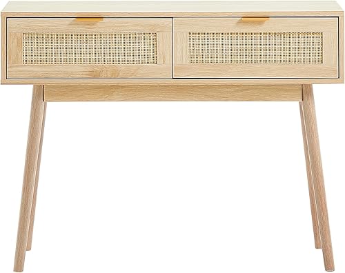 Miniatura 9 de VEVOR Mesa consola de ratán con 2 cajones de almacenamiento, mesa de entrada de ratán con puerta corredera de ratán natural, mesa de sofá para sala