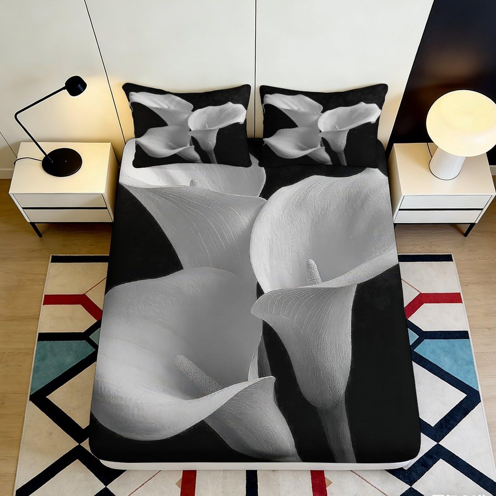 3D Printed Calla Lily Fitted Sheet Microfiber Black White Floral Bed Cover for Bedroom Guest Room Mattress Protection 90x200x25cm