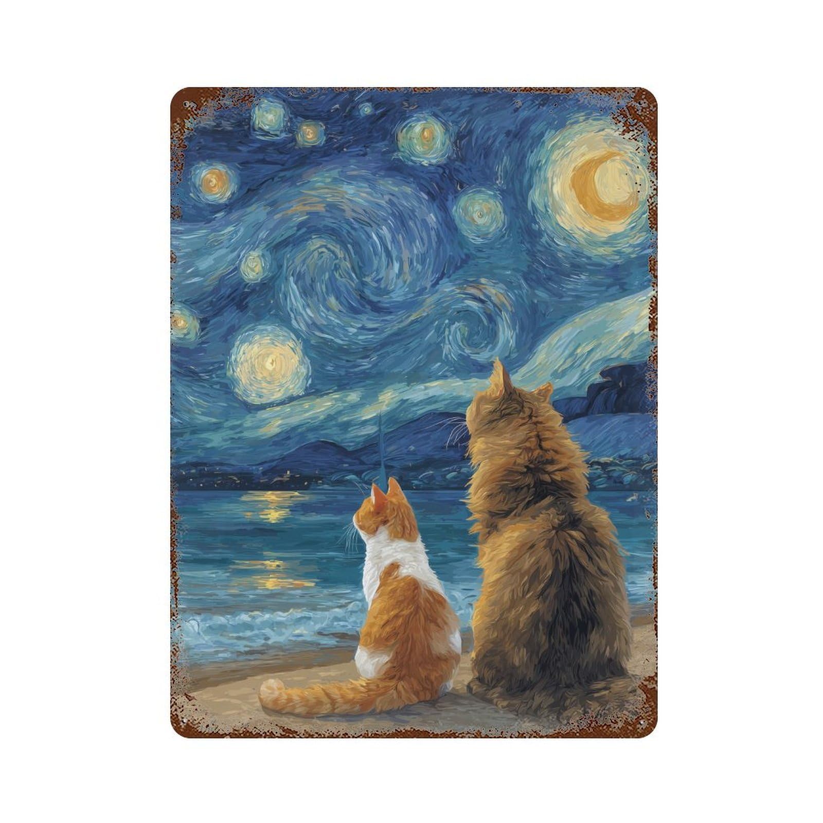 Starry Night Cats -15 Aged Metal Wall Plaque 15.7"x11.8", Classic Wall Plaque for Garage, Pub Or Kitchen