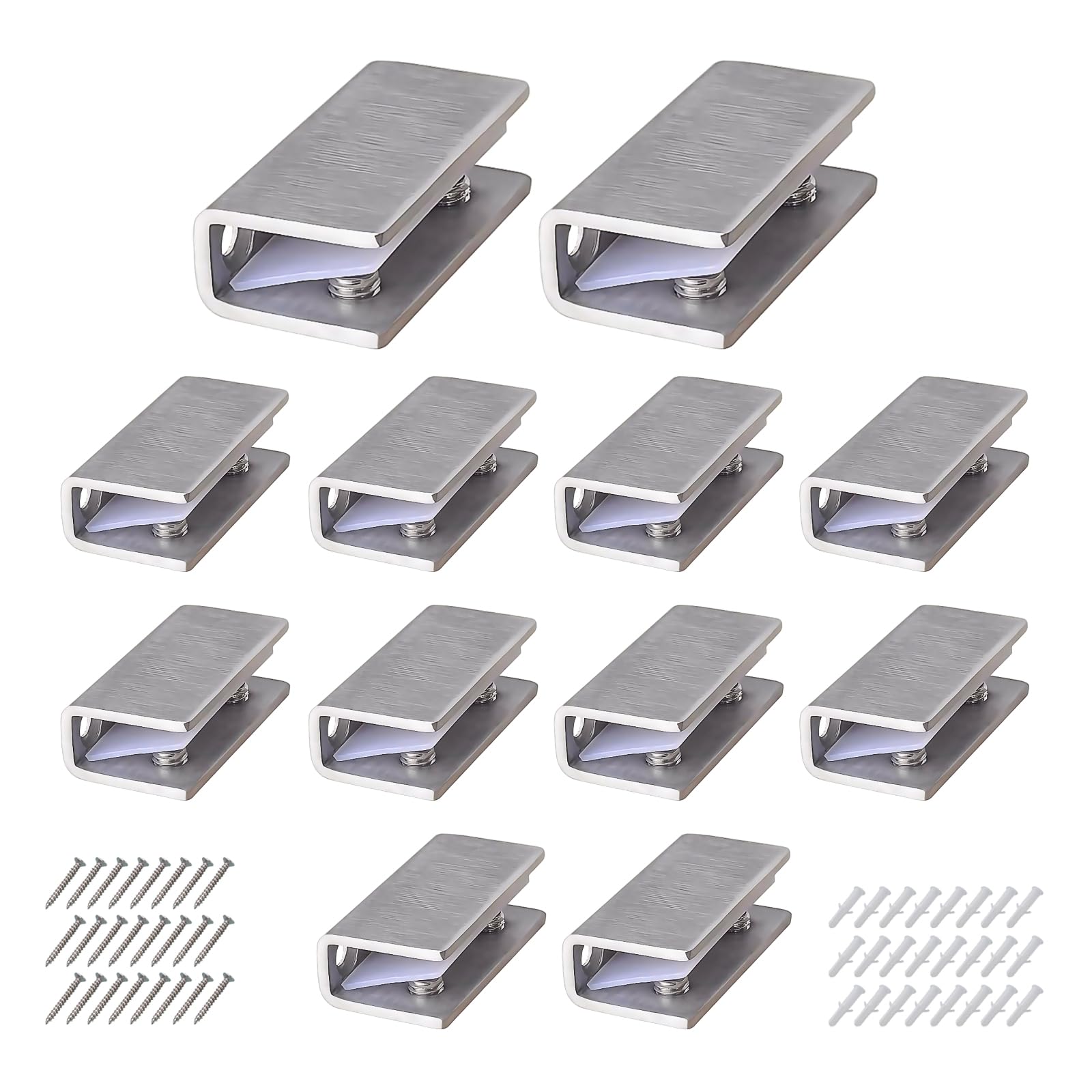 Abrazaderas de acero inoxidable para vidrio de 8-12mm con tornillos de expansión, pack de 12