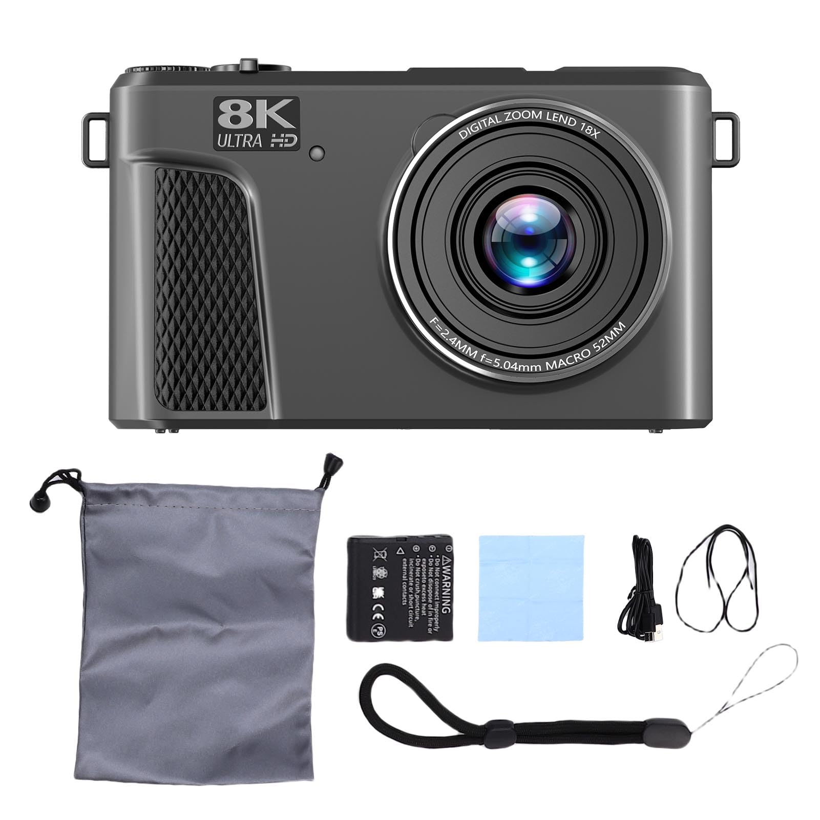 Fockety Aparat cyfrowy 8K, aparat do vlogowania z autofokusem 88 MP, 3-calowym ekranem Ultra HD 180° z funkcją obrotu, 18-krotnym zoomem, aparat typu „point and shoot” (BLACK)