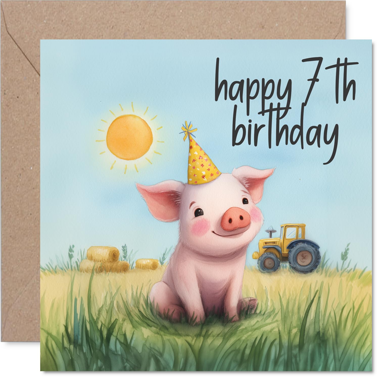 Playful 7th Birthday Card - Oink-tastic Birthday Giggles - Cheerful Pig in Party Hat on a Sunny Farm - Pastel Colours for Extra Charm - 145mm Square, Envelope Included