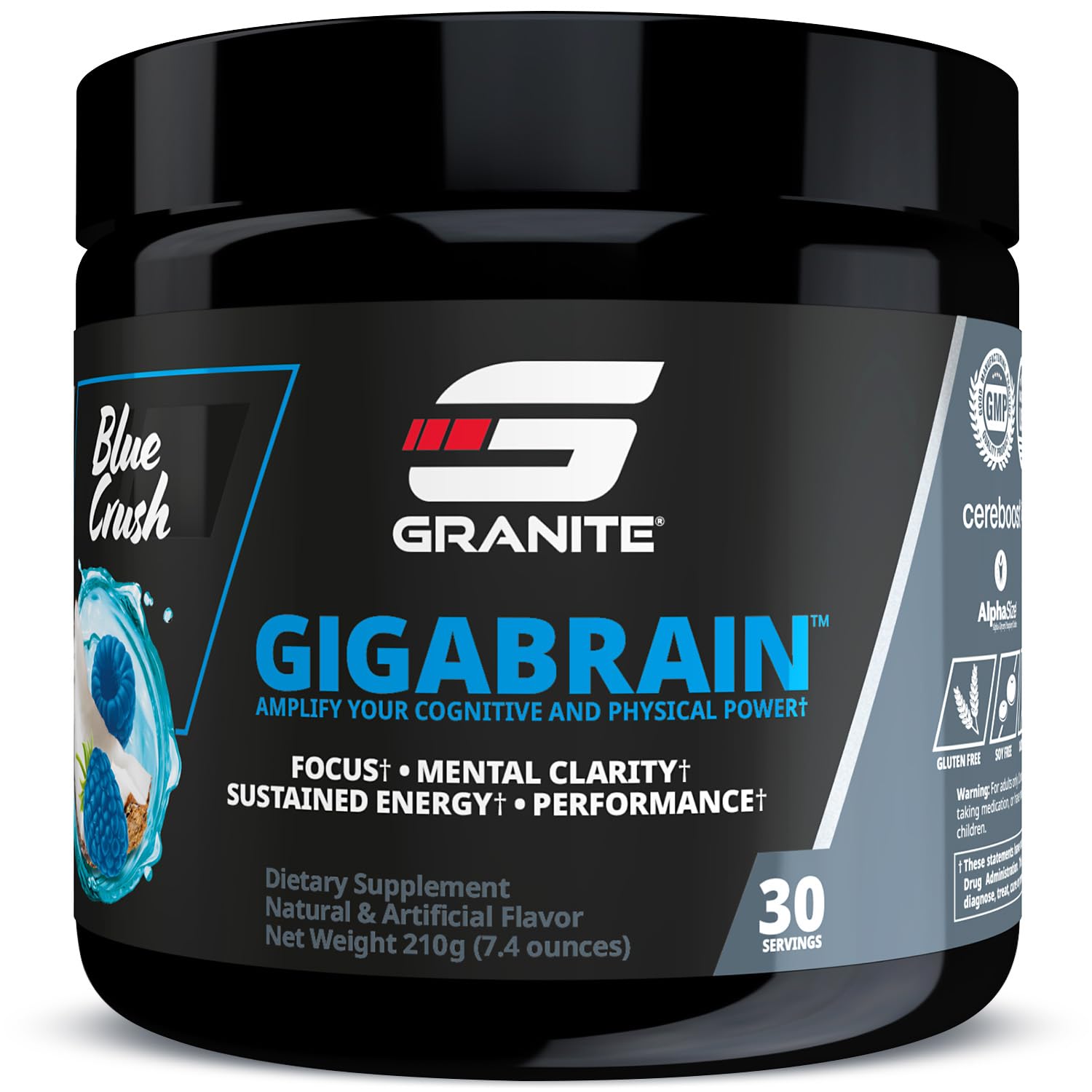 (inv) Granite Nutrition GigaBrain Nootropic Energy Powder – Cereboost, Alpha-GPC & ElevATP – Cognitive Focus Supplement for Sustained Energy & Performance – Blue Crush, 30 Servings