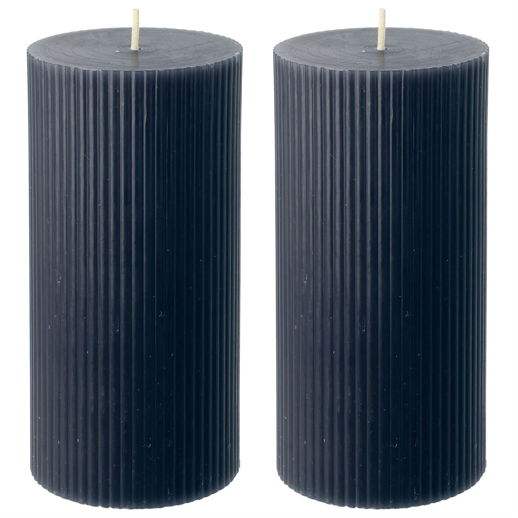 Pack of 2 Large Charcoal Ribbed Pillar Candles, 14x7cm Unscented Dark Grey Decorative Candles, Modern Minimalist Home Decor