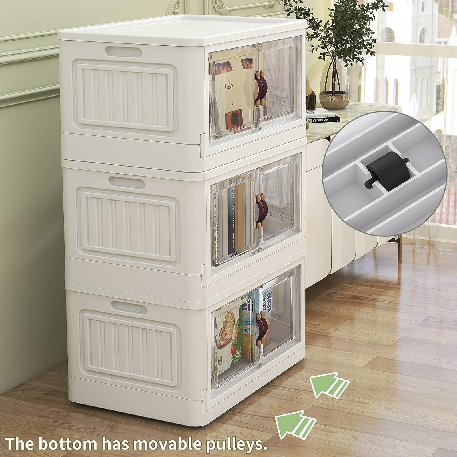 Boite Rangement Plastique Pliable avec Couvercle et roulettes, 59L Caisse Rangement Empilable, Organisateur de Rangement aux Vetements Jouets Livres pour Salon,Chambre,Bureau,4 Pack