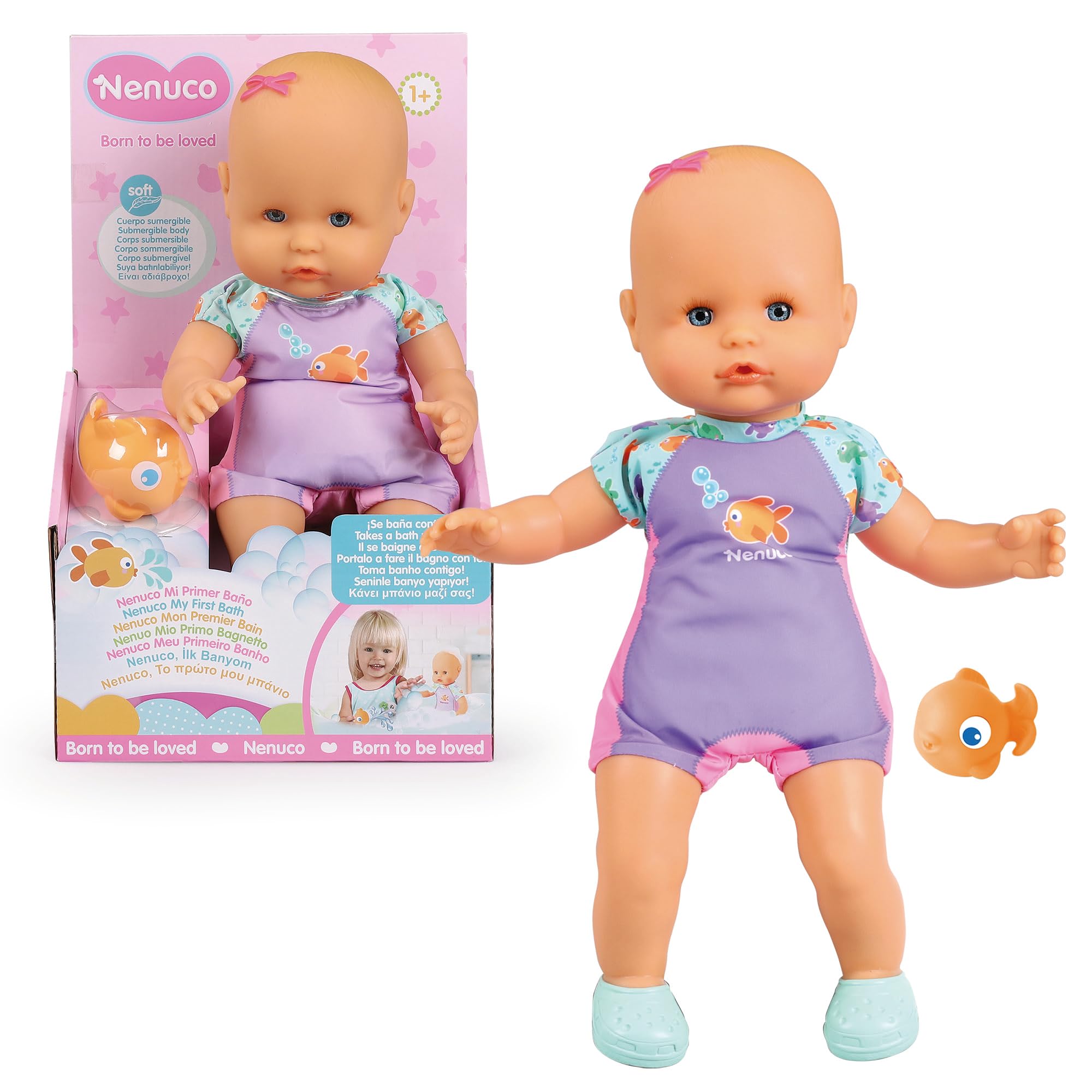 Nenuco - Mi Primer baño, un muñeco blandito de Cuerpo Sumergible, lo Puedes Meter en la bañera, en la Piscina y en el mar. Incluye bañador y un pececito Que se Puede Meter en el Agua (NFN88000)