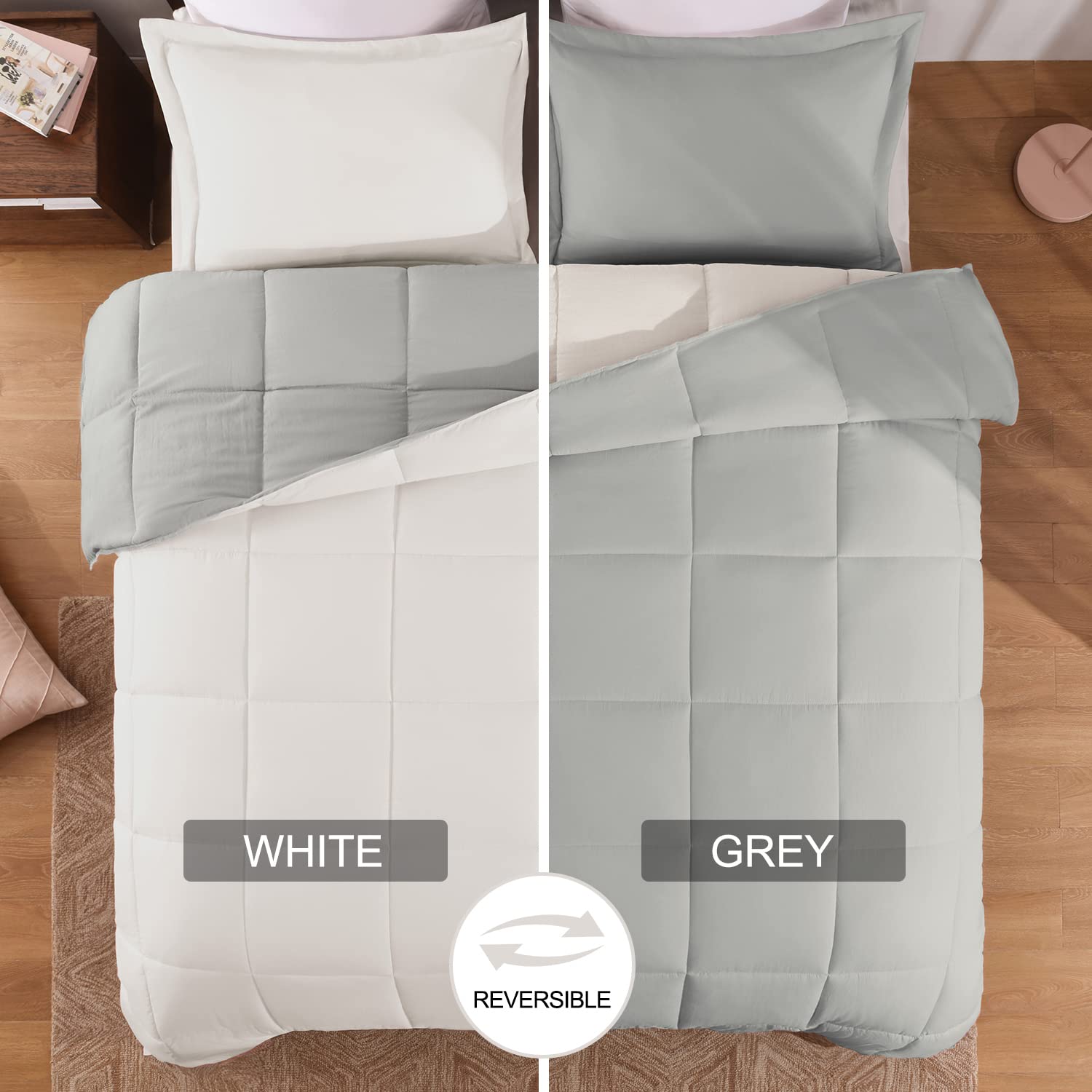Basic Beyond Twin Comforter Set for Girls and Boys - Fluffy Twin Bed Comforter Set for All Seasons - Reversible White Comforter Set - 2 Pieces (1 Comforter + 1 Pillow Sham) - White/Grey