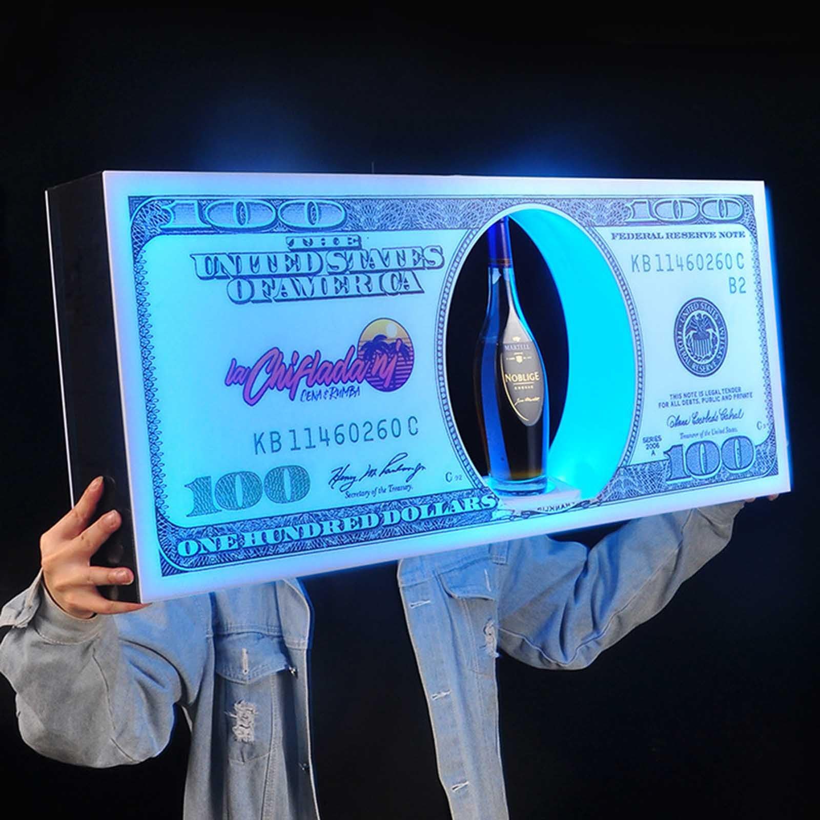 Espositore luminoso ricaricabile per bottiglie di champagne con aspetto da 100 banconote, per discoteca, villa, festa privata e ricevimento VIP
