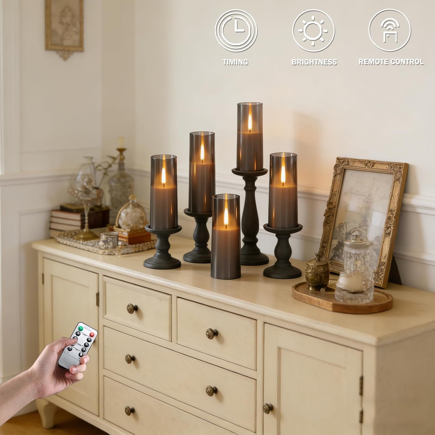 MUMCHASI 8 Packs Flameless Candles, Battery Operated with Remote, Arcylic Ribbed LED Flickering Candles, Realistic Dancing Flame Pillar Candles for Home, Wedding, Christmas Party D2.2 (Grey)