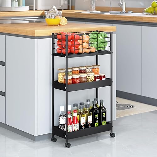 Miniatura 9 de KINGRACK - Carrito de almacenamiento delgado, carrito de metal de 3 niveles, carrito de almacenamiento deslizante, carrito de cocina pequeño con