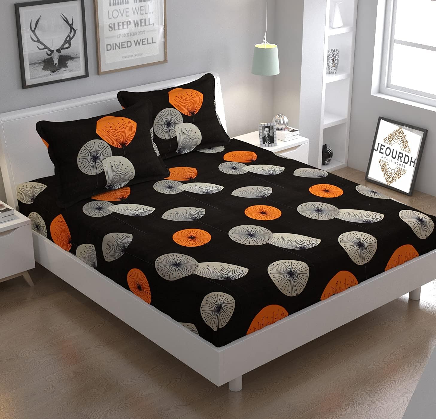 Sky Tex Elastic Fitted Brown Color Glace Cotton Kins Printed Super Soft Fabric 150 TC King Size Double Bed Sheet with 2 Pillow Covers (Buy This Bed Sheet Get 1 N - 95 Mask Free)