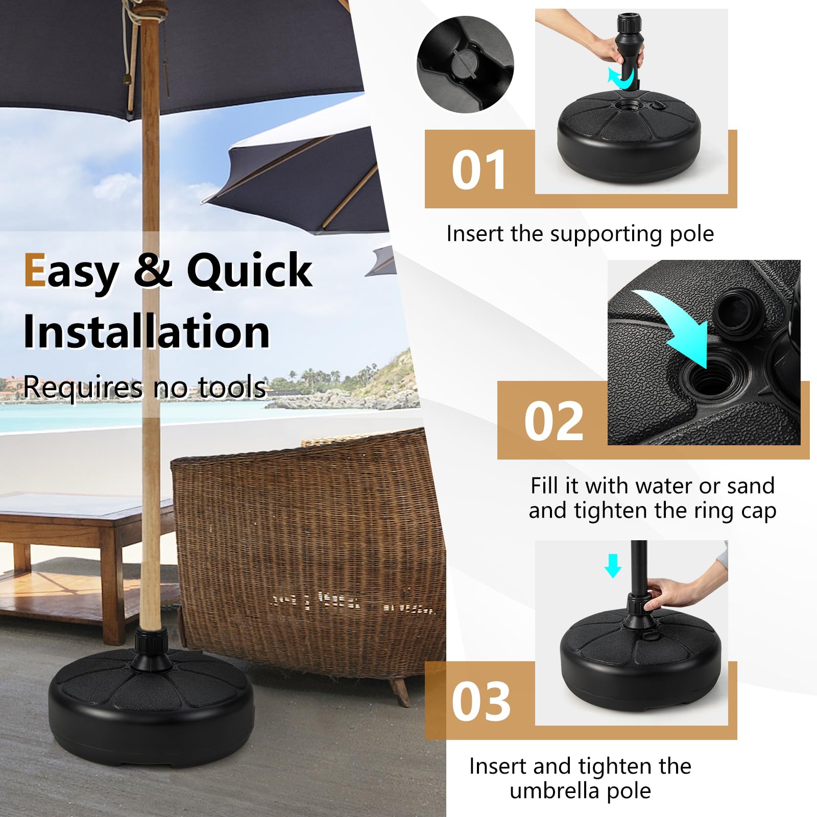 KOMFOTTEU Sonnenschirmständer Befüllbar - 9,5L Wasser Oder 15kg Sand, Für Schirme Bis 250cm