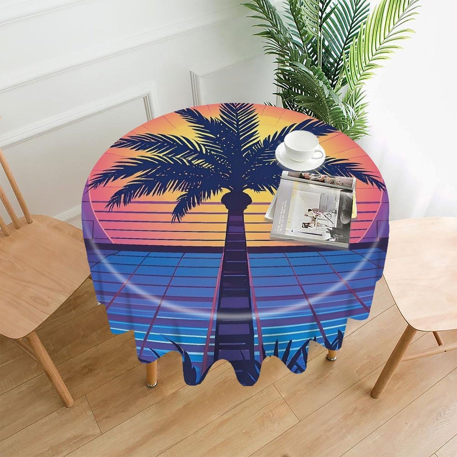 LZQPOEAS Palm Tree Sun and Grid Tablecloth Decorative Round Table Cloth Wrinkle Resistant Round Tablecloth Washable Circle Table Cover for Kitchen Dining Party Wedding Camping 60 Inch