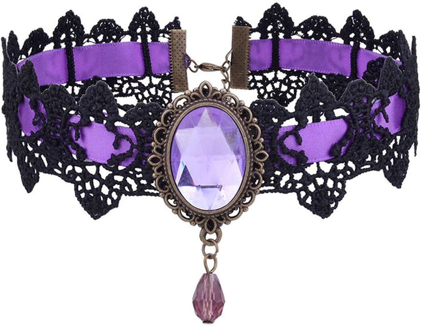 POYAMUSEGothic Lace Choker Necklace for Women - Vintage Punk Style Lace Choker with Crystal Pendant, Purple Choker Pink Choker Gothic Choker - Halloween Necklace for Women