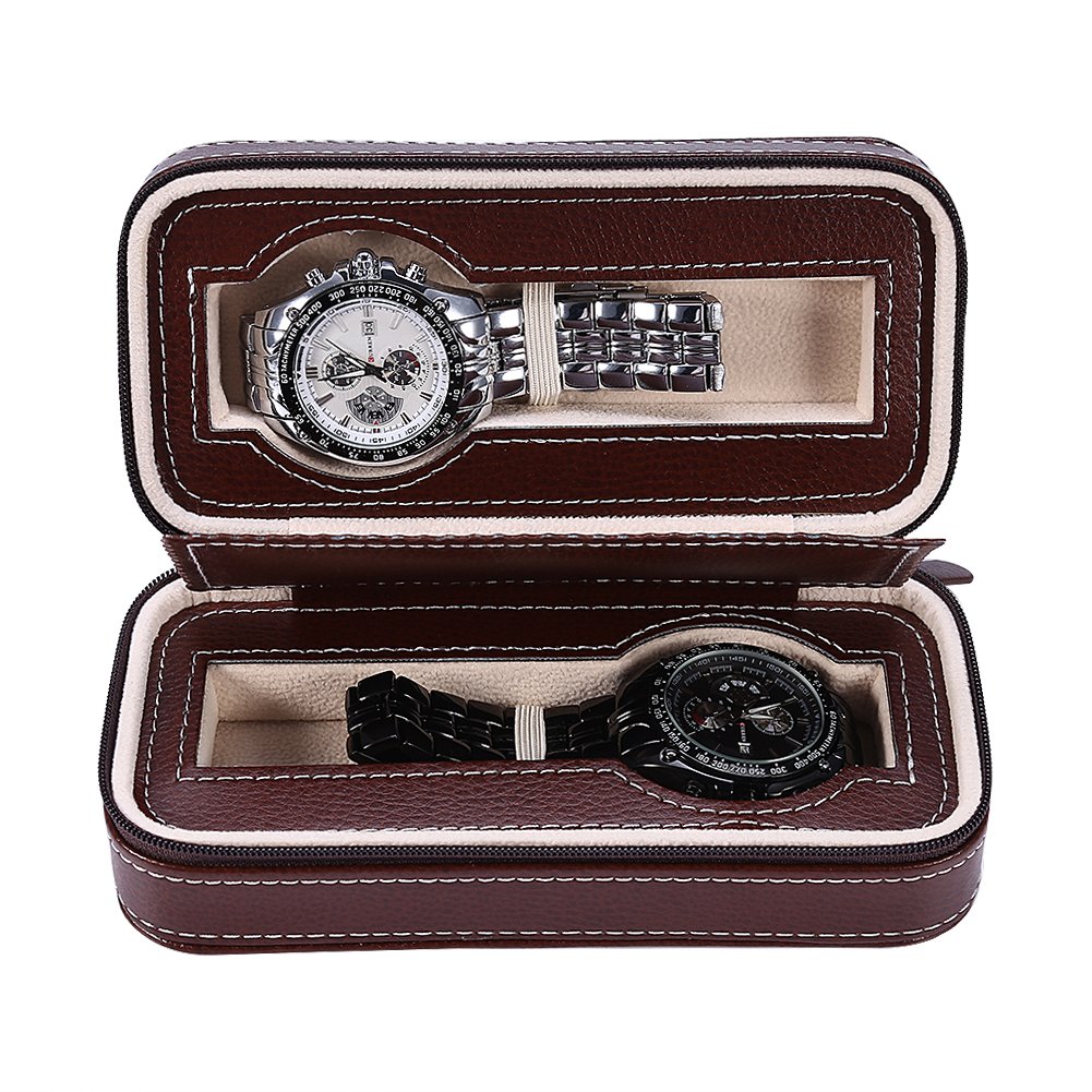 HVMBEUGOS Portable Watch Organizer, Watch Box with 2 Slots Jewelry Watch Display Stand - Travel Watch Storage Case Leatherette Zippered Storage Box