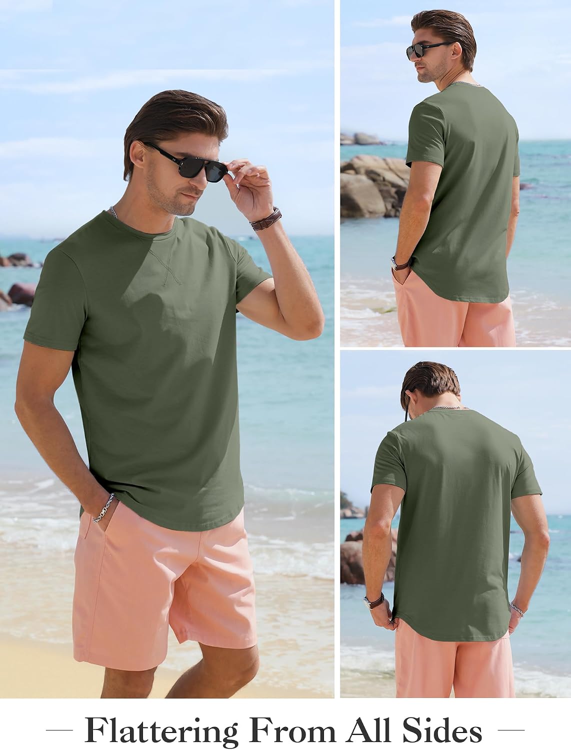 Comdecevis Mens Short Sleeve T-Shirts Crewneck Curved Hem Cotton Tees Hipster Hip Hop Longline Shirts