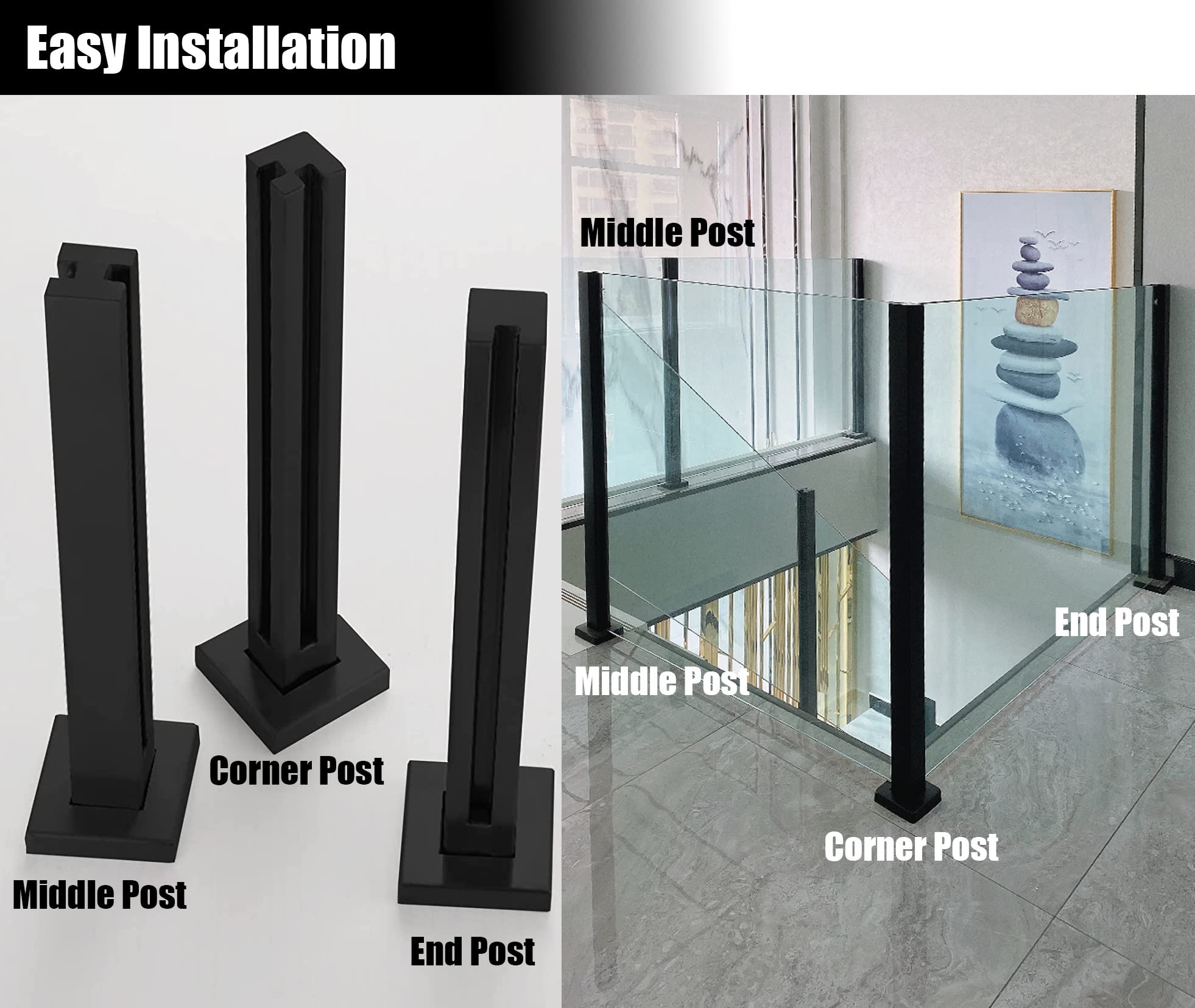 Słupek balustrady ze stali nierdzewnej 304 z czarnego szkła - Trwały słupek balustrady z czopami do użytku na zewnątrz i wewnątrz(Black Corner Post,70cm)