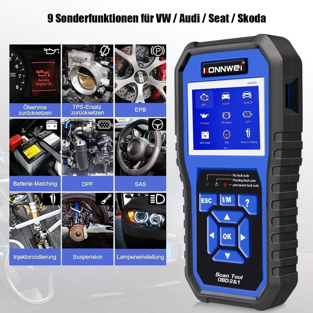 KONNWEI KW450 OBD2 Diagnostic Scanner displaying universal OBD2 functions.