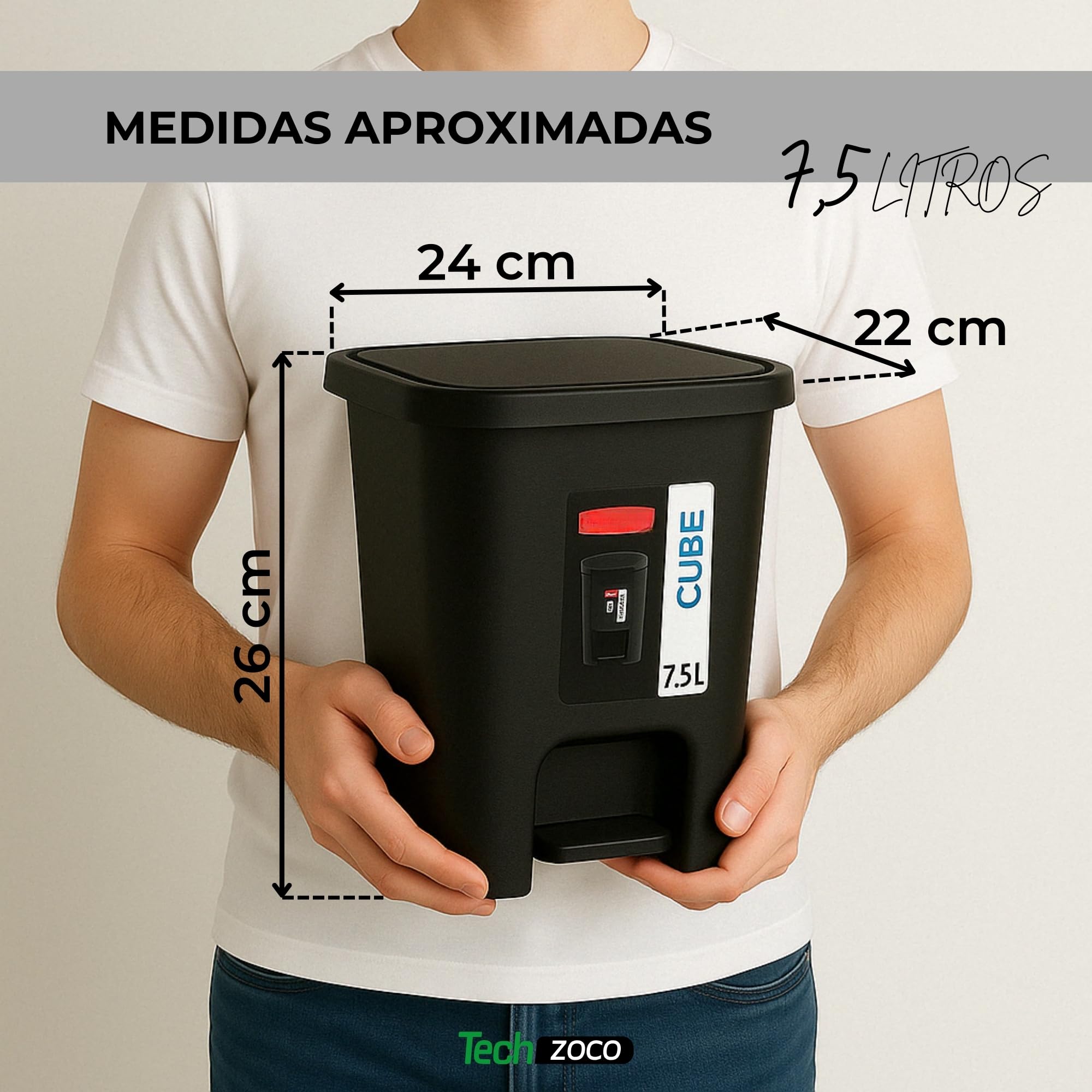 TECHZOCO Cubo basura plástico, Cubo basura apertura pedal, Papelera de pedal, cubo de Pedal, Basura para baño, Libre de BPA, 25.5 cm alto x 24 cm ancho x 22 cm fondo, Capacidad 7.5 Litros, Negro
