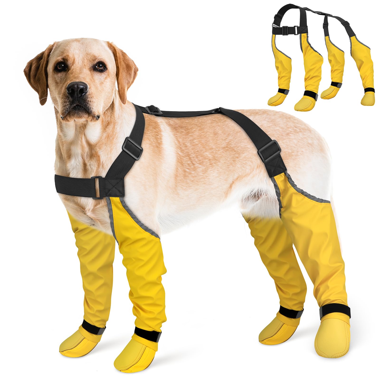 DQGHQME Dog Suspender Boots, Anti-Dust/Anti-Slip Dog Boots for Outdoor, 6-Point Adjustable Suspender Pants for Hardwood Floors/Snow Walks, 360ยฐ Reflective Paw Protectors Legging Shoes