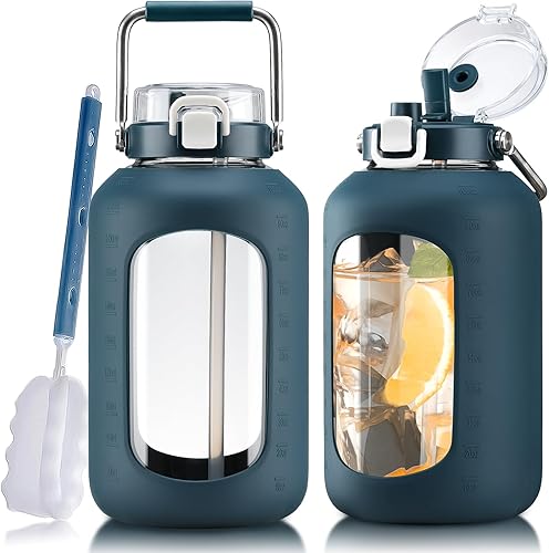 Miniatura 21 de Botella de Agua de Vidrio de 84oz con Mango de Acero Inoxidable, Botella de Agua de 2.5L Galón con Tapa de Pajita 2-EN-1, Funda de Silicona y Azul