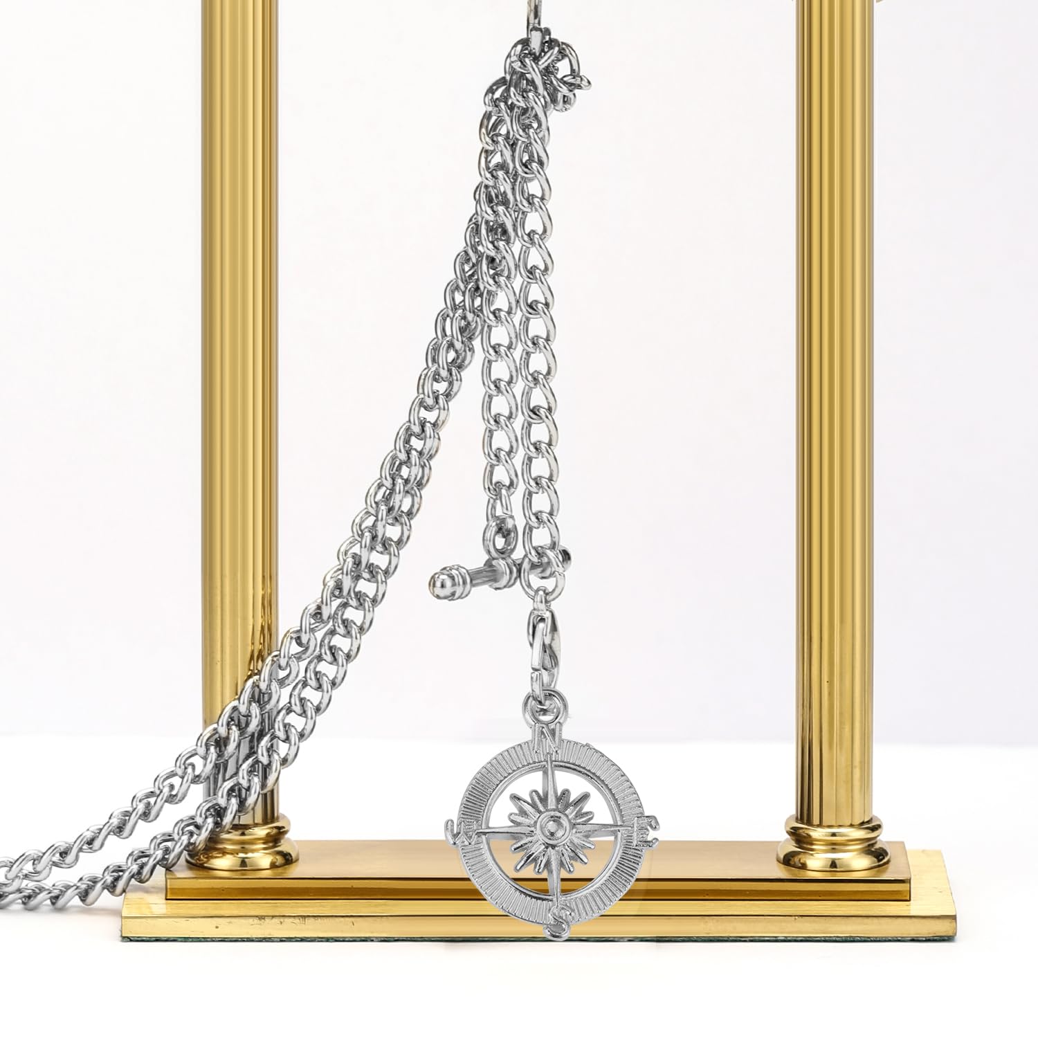 ManChDa Pocket Watch Albert Chain Pocket Watch and Chain, T-Bar Chain with Compass Pendant, Curb Link Chain 2 Hook Antique Fob T Bar for Men