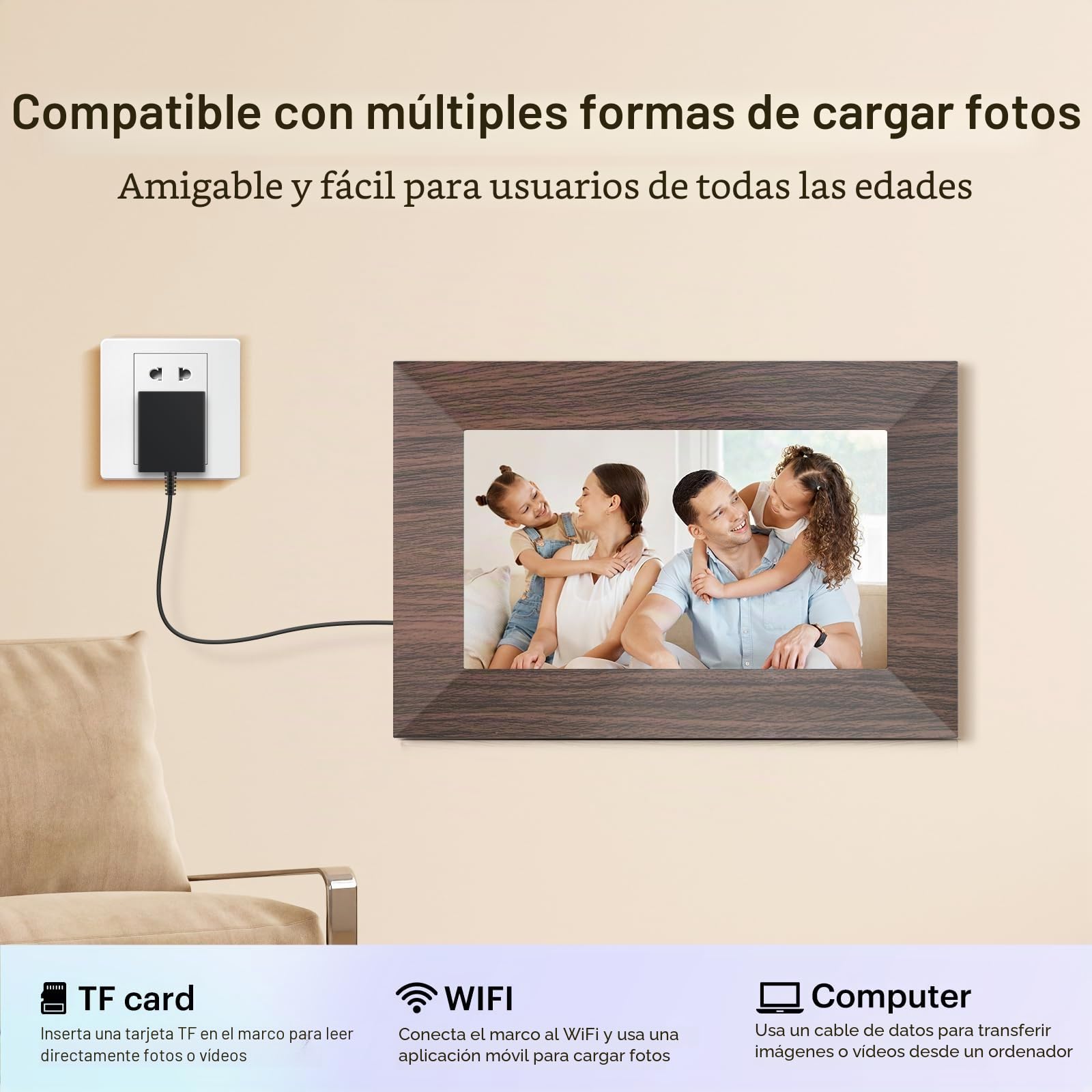 Marco de Fotos Digital, WiFi Marco Digital 7 Pulgadas, HD IPS Pantalla Táctil, Memoria Integrada de 32 GB, Rotación Automática, Comparte Fotos y Vídeos al Instante Via App, Opción para Regalo